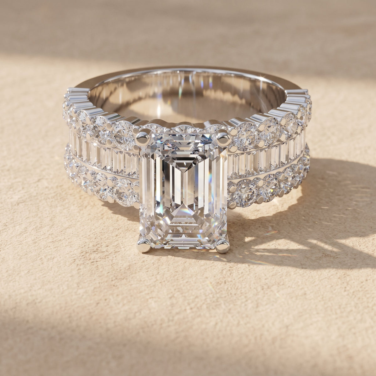 White Gold Emerald Cut Moissanite Engagement Ring Set