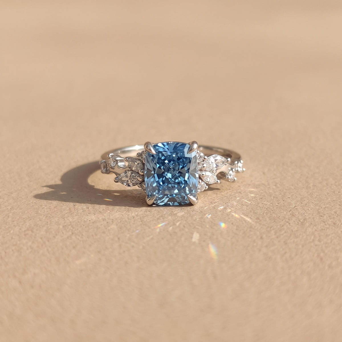 White Gold Cushion Cut Blue Moissanite Engagement Ring