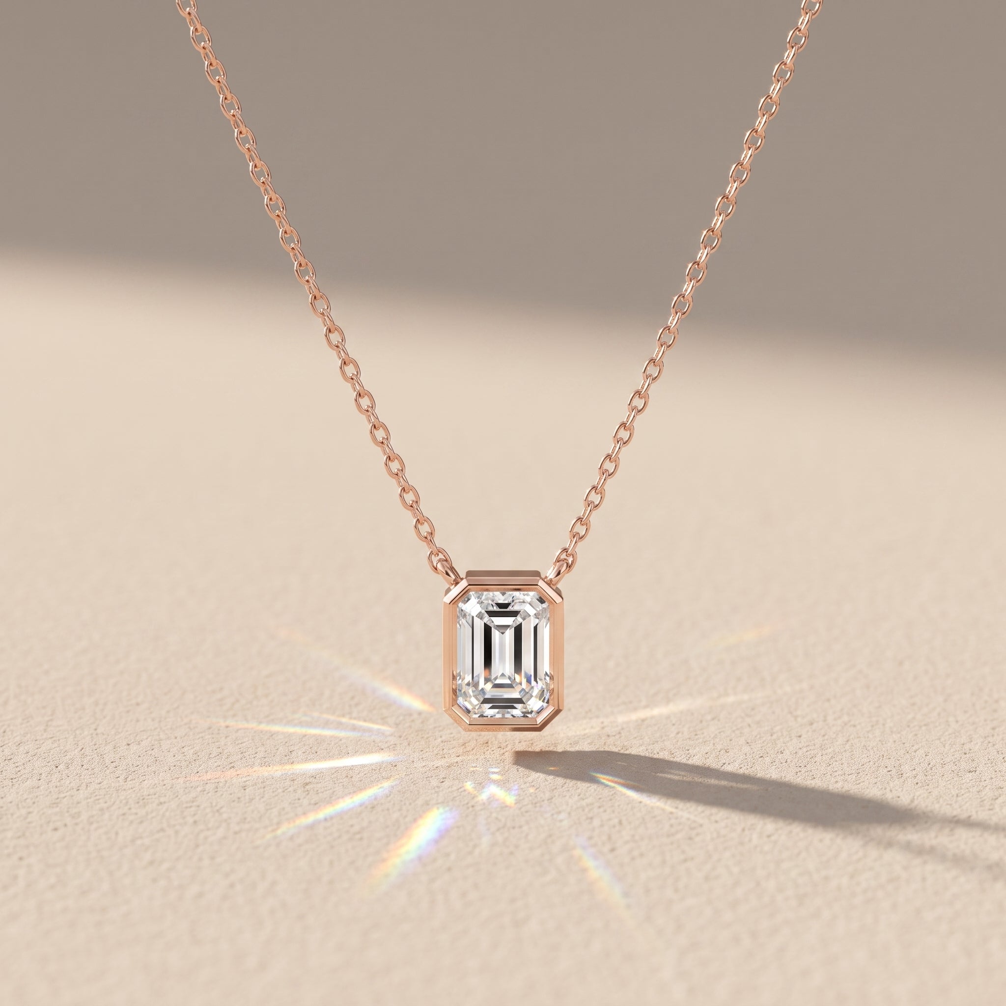 Rose Gold Emerald Cut Moissanite Pendant Necklace