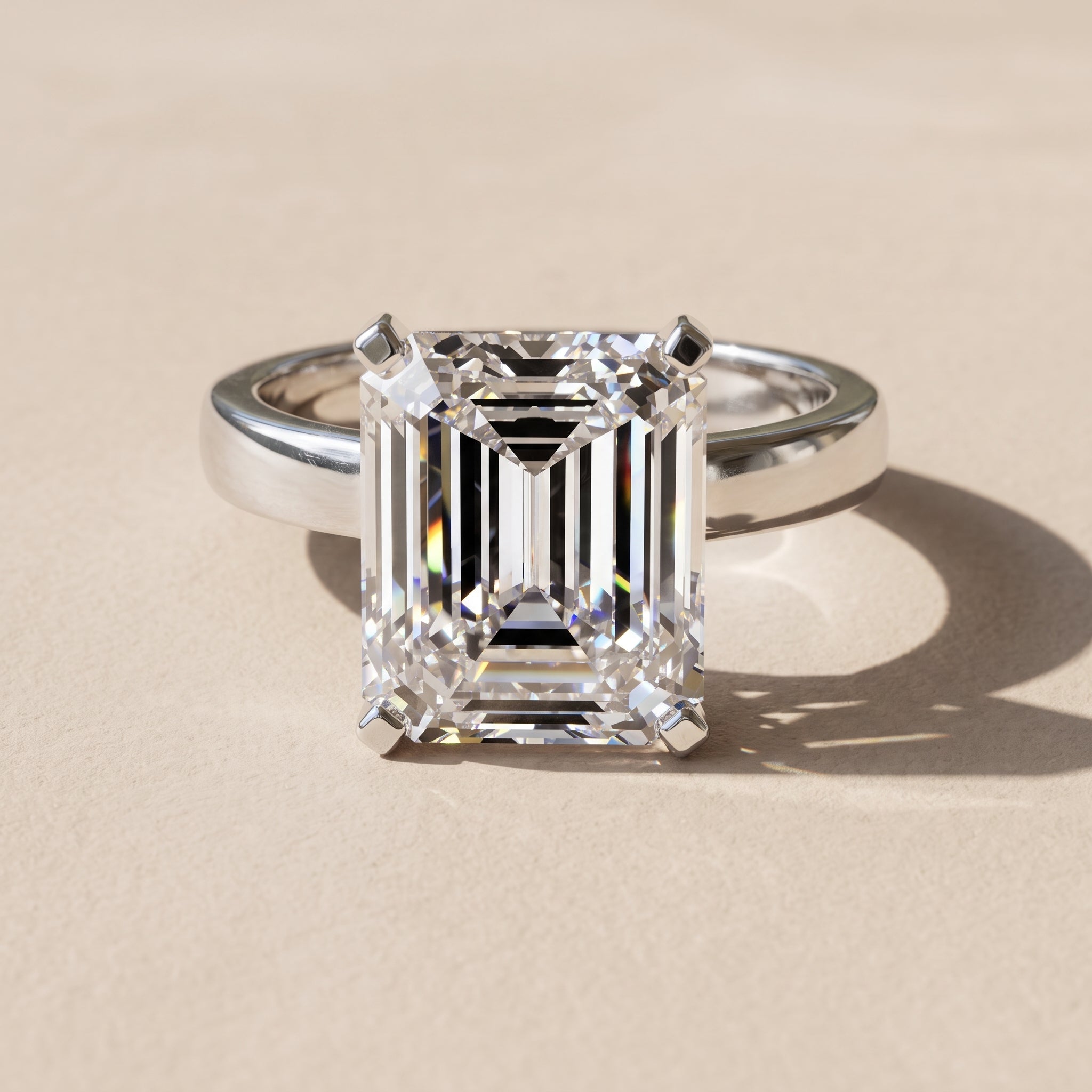White Emerald Cut Moissanite Solitaire Engagement Ring