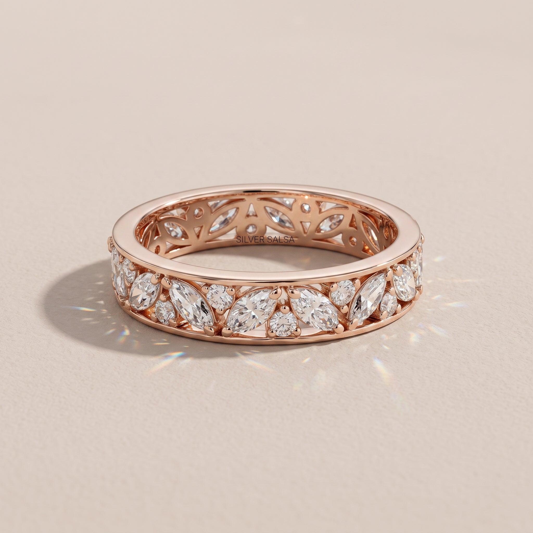 Rose Gold Marquise & Round Moissanite Band Ring