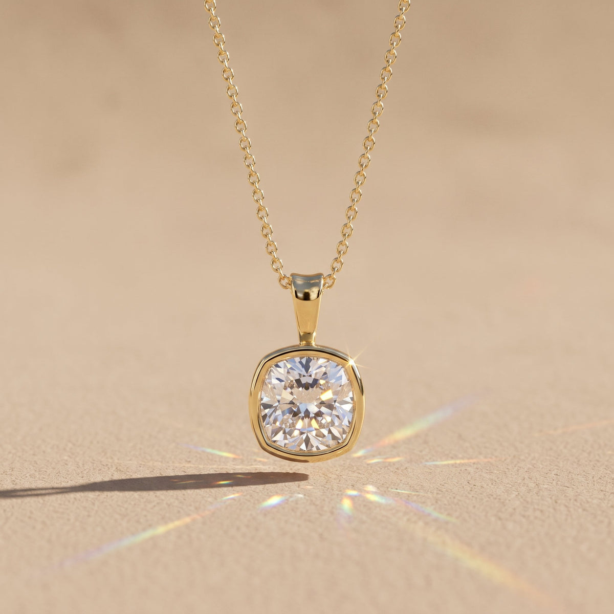 Yellow Gold Cushion Cut Moissanite Pendant Necklace