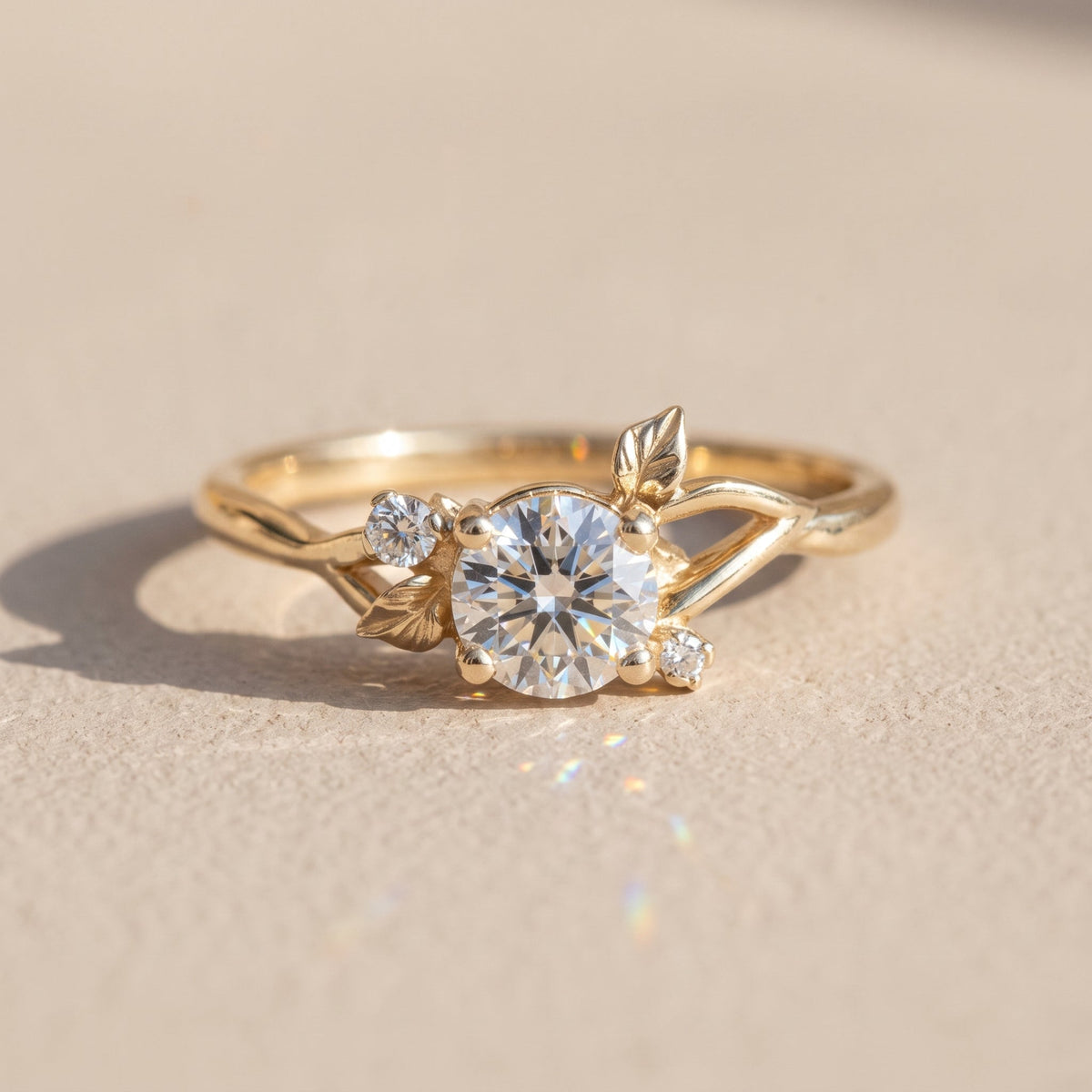 Yellow Gold Round Moissanite Leaf Engagement Ring