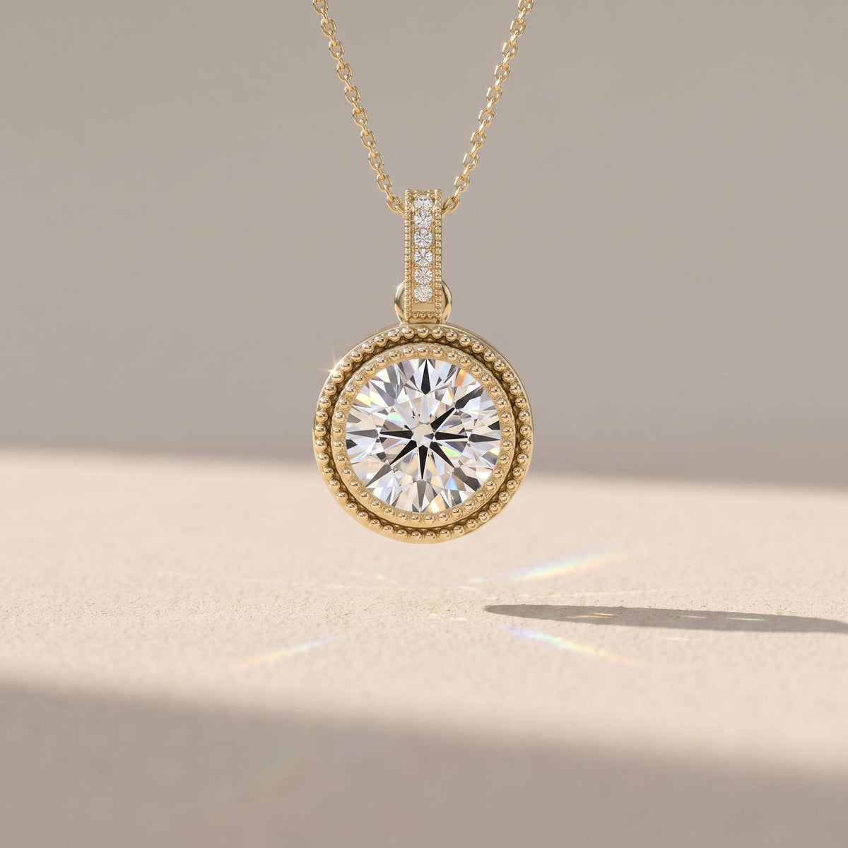 Yellow Gold Round Moissanite Bezel Pendant Necklace