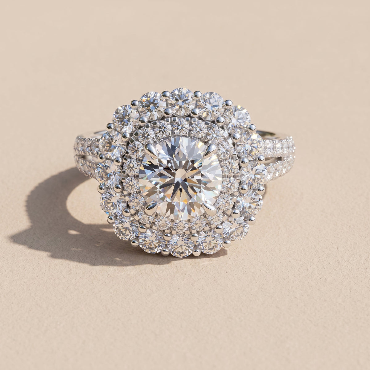 White Round Moissanite Double Halo Engagement Ring