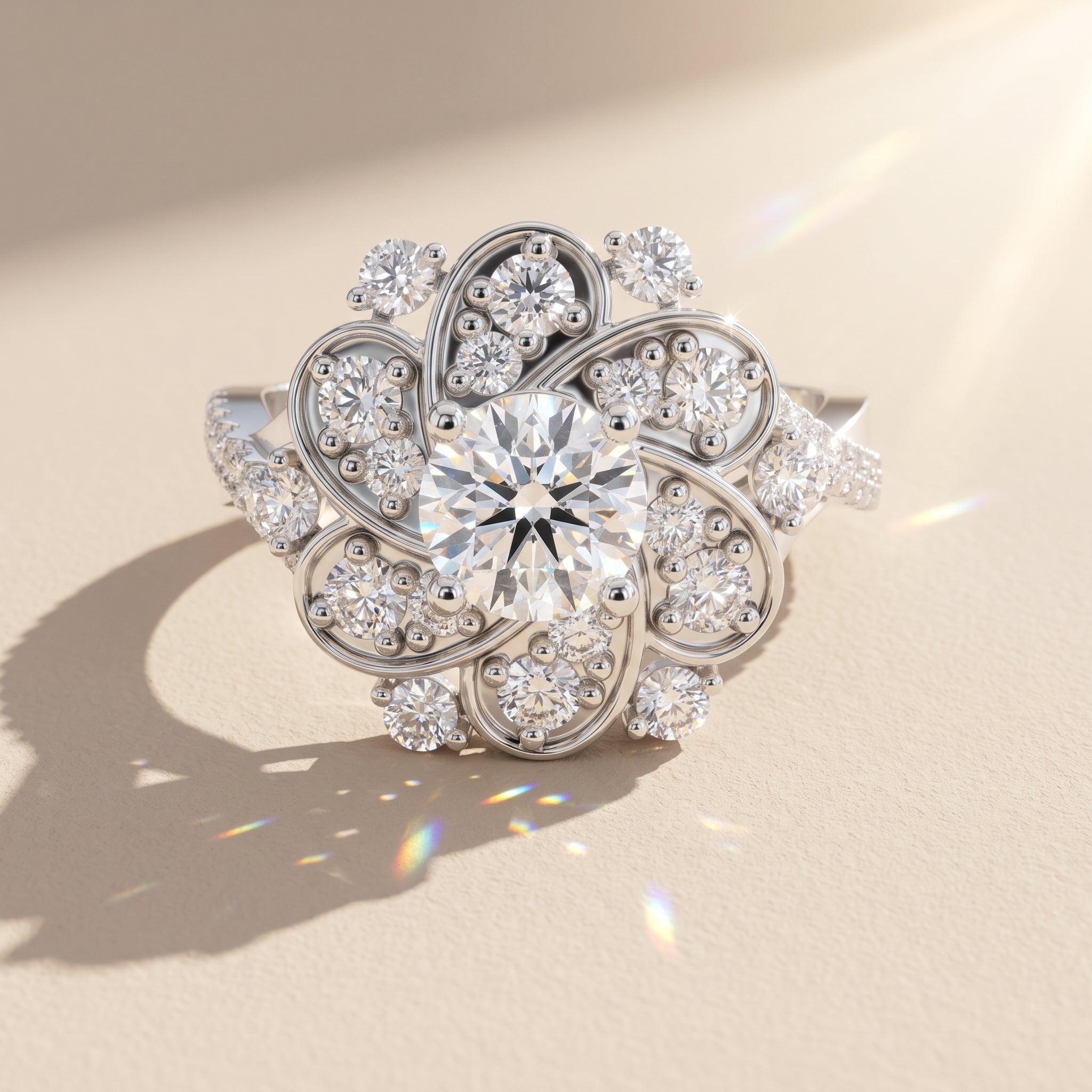 White Gold Round Moissanite Floral Halo Engagement Ring