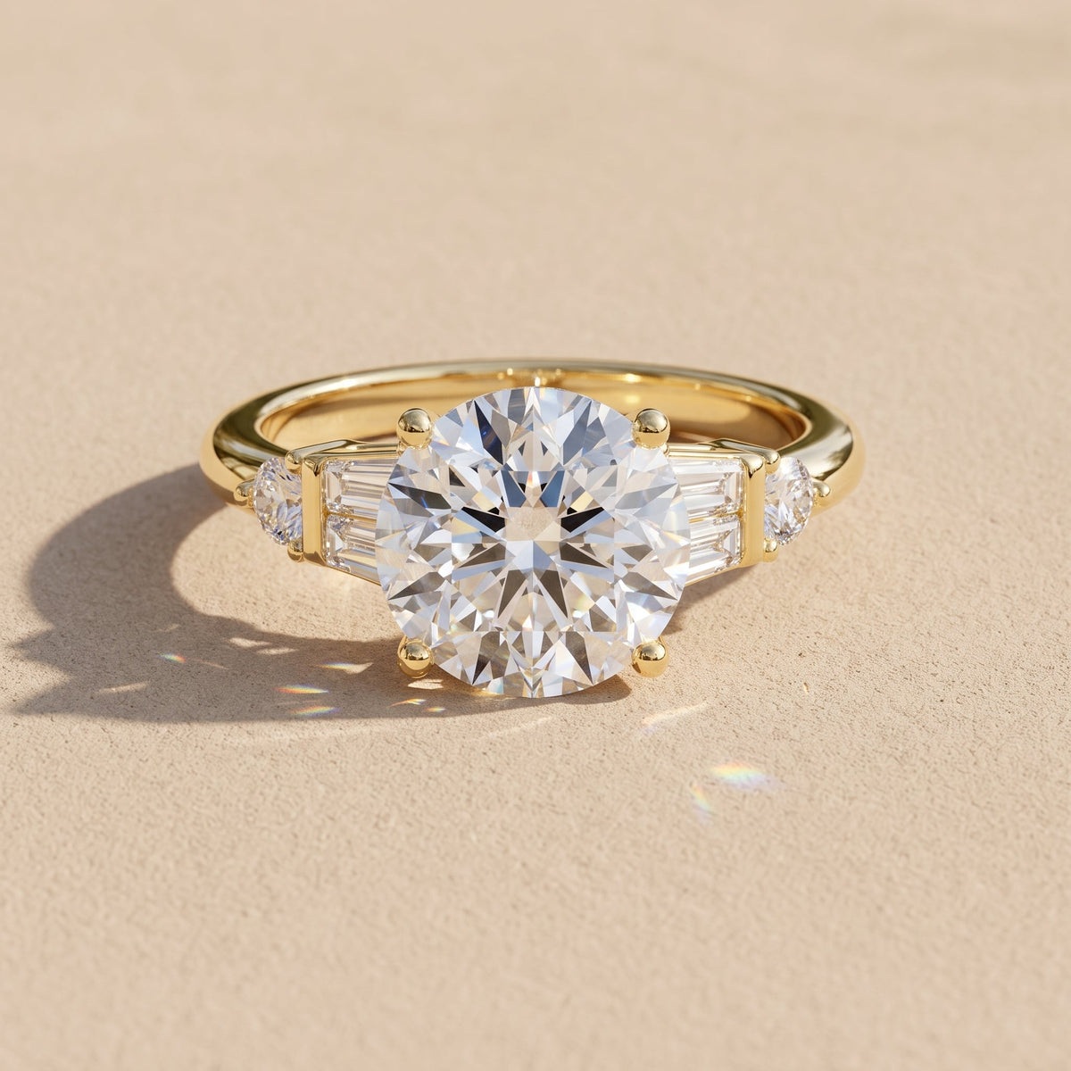 Yellow Gold Round Cut Moissanite Engagement Ring with Side Stones