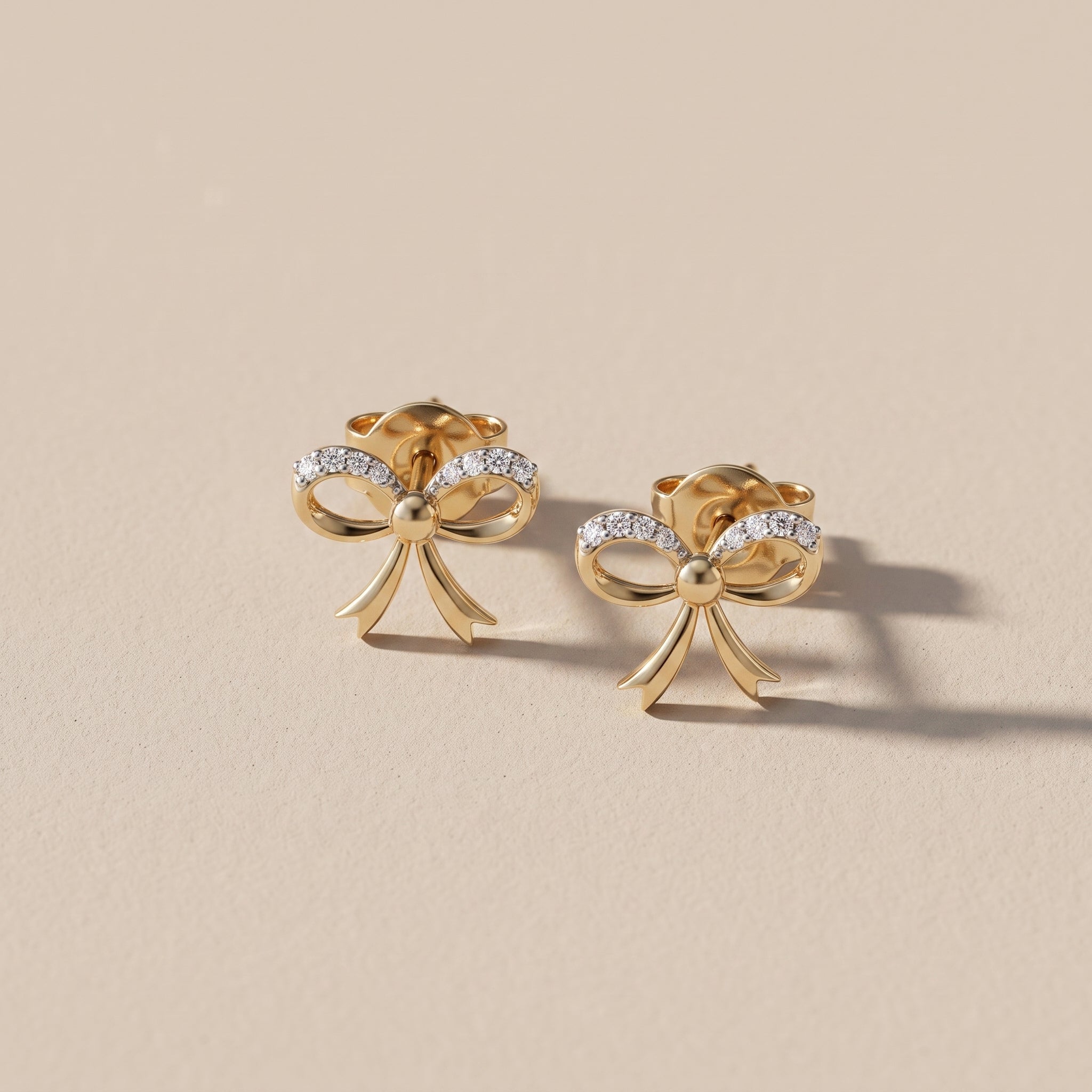 Yellow Gold Round Moissanite Bow Stud Earrings