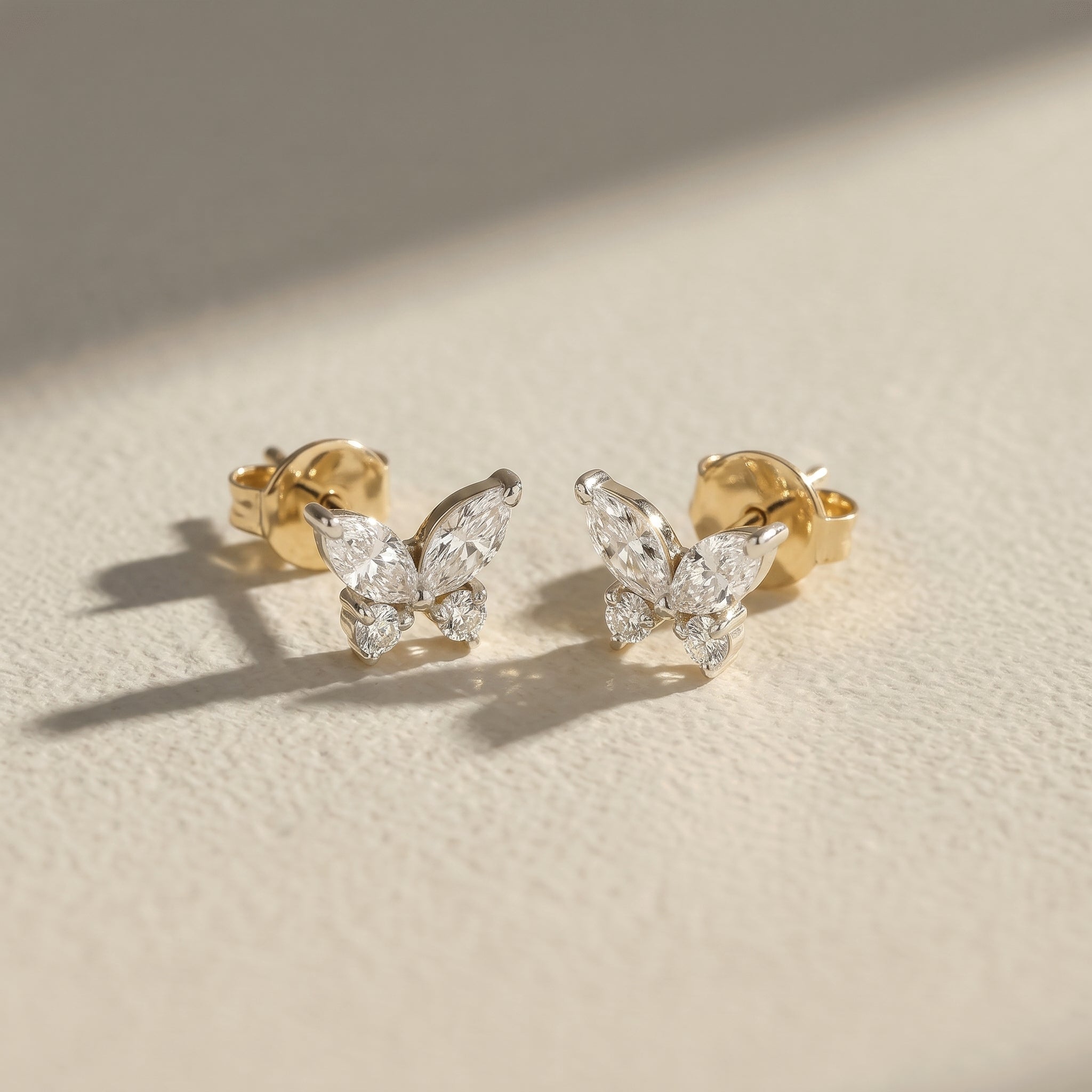 Yellow Gold Marquise & Round Moissanite Butterfly Stud Earrings