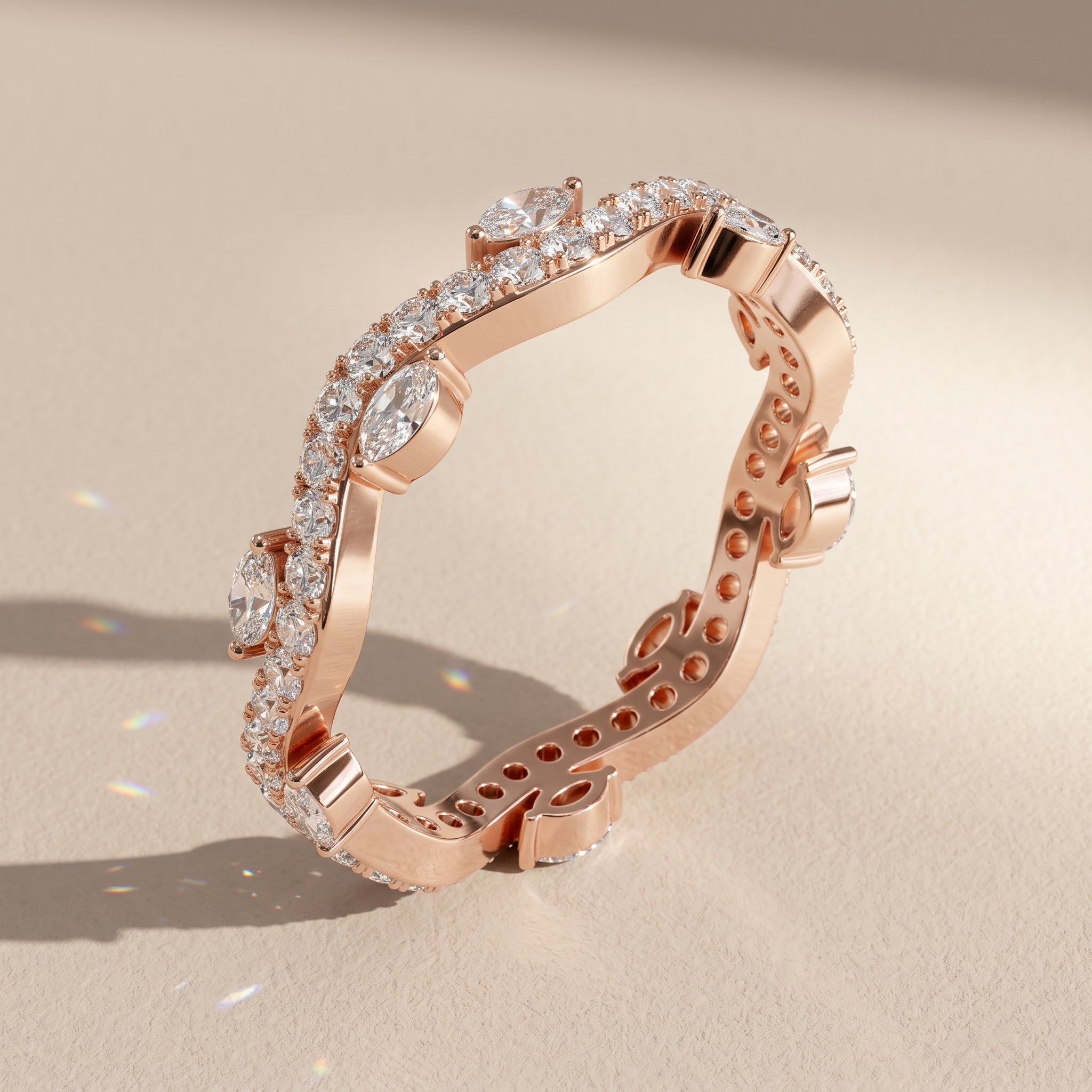 Rose Gold Marquise & Round Moissanite Curved Wedding Band
