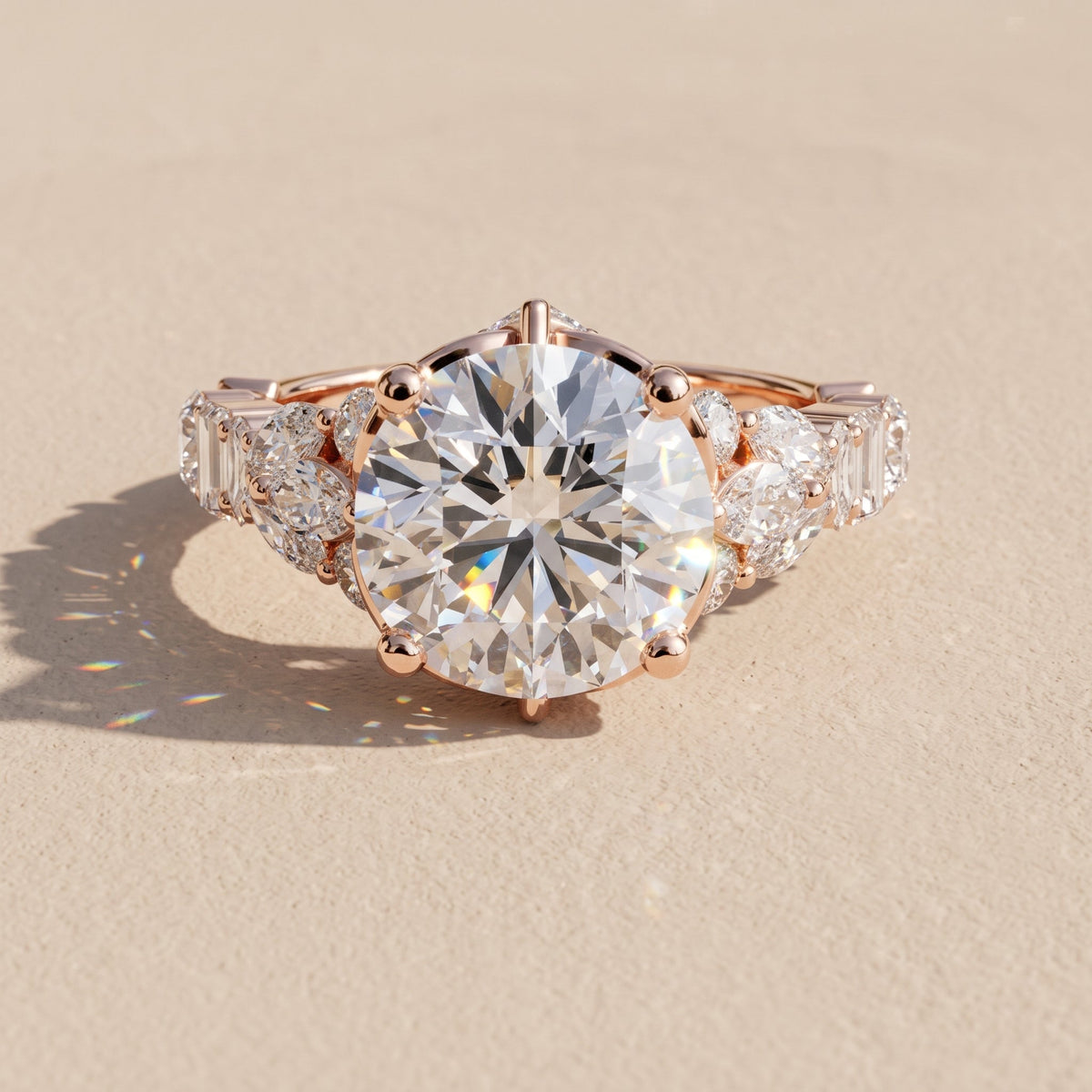 Rose Gold Round Moissanite Engagement Ring with Side Accent Stones