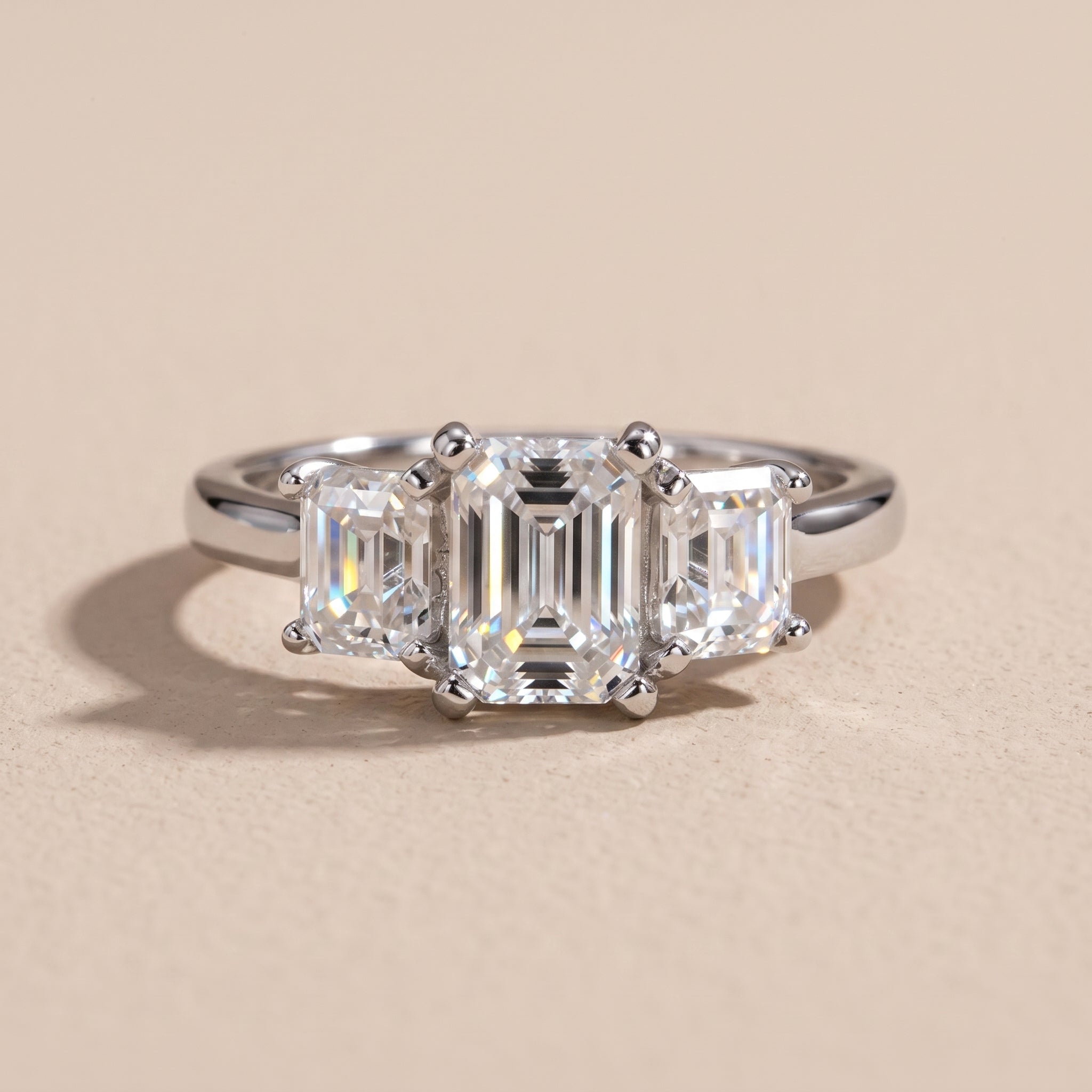 White Emerald Cut Moissanite Three-Stone Engagement Ring