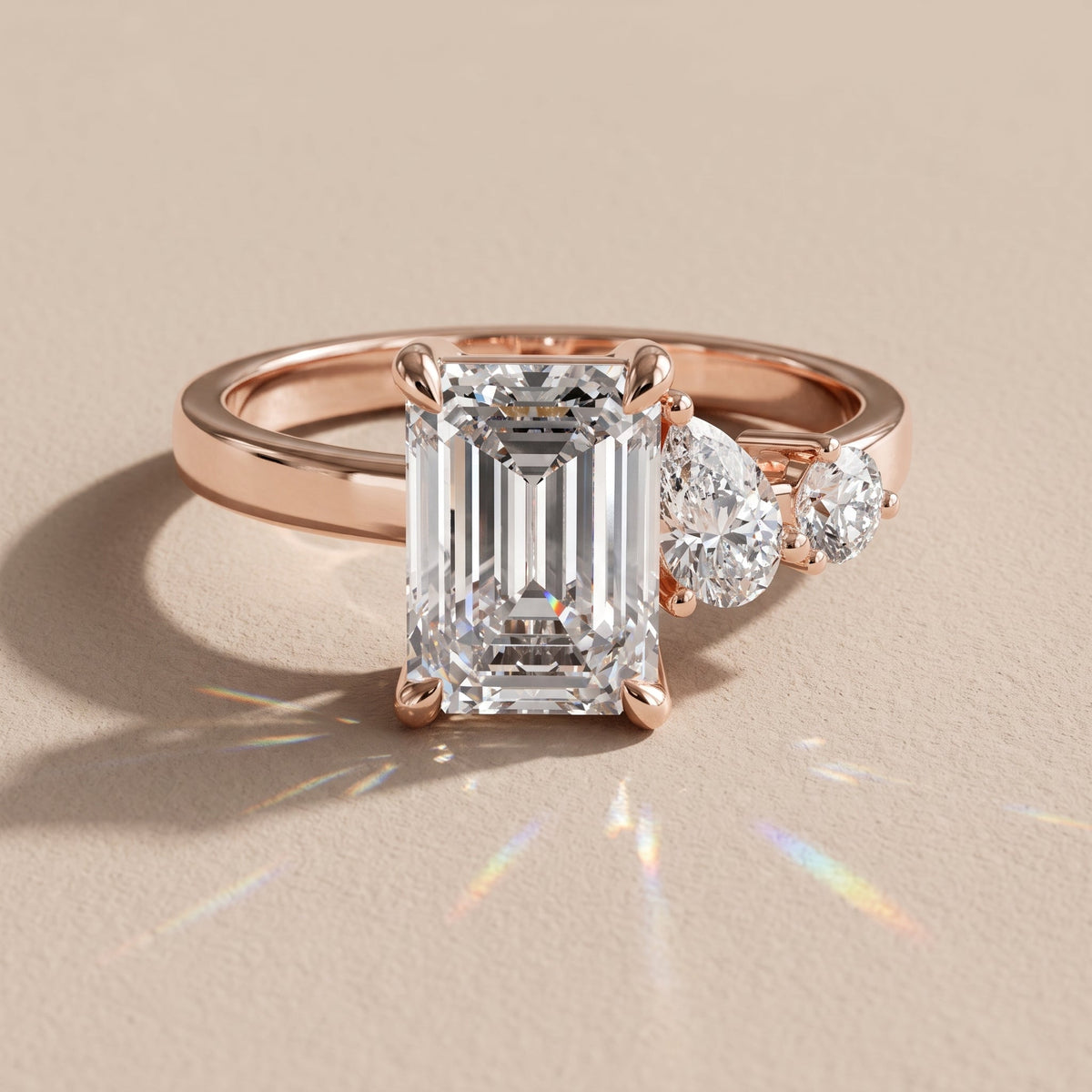 Rose Gold Emerald Cut Moissanite Three Stone Engagement Ring