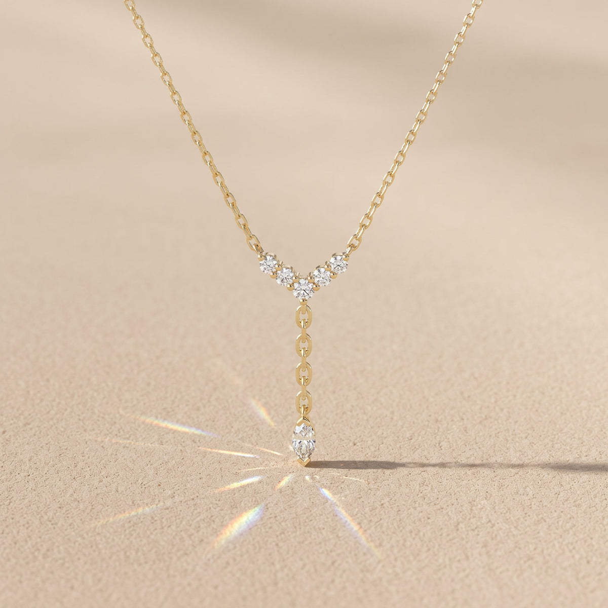 Yellow Gold Marquise Moissanite Lariat Necklace with Round Accents