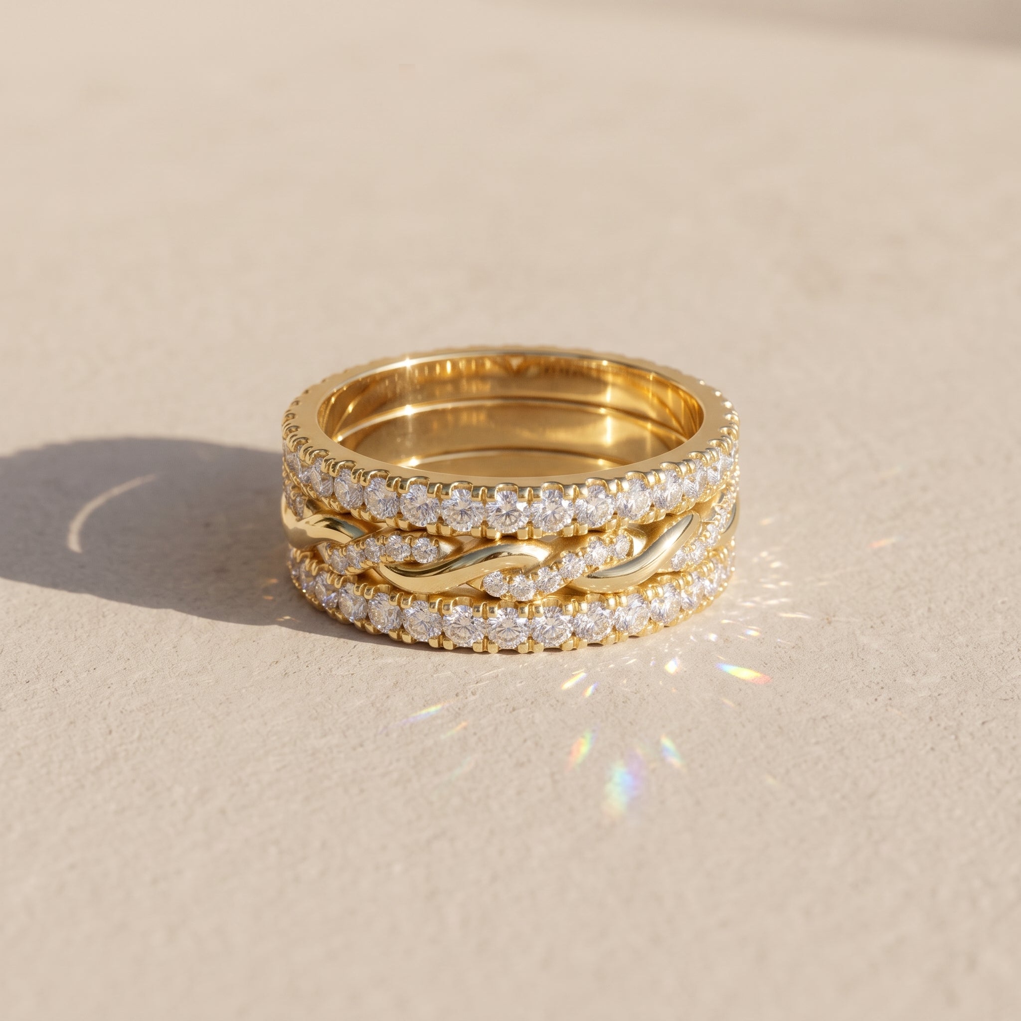 Yellow Gold Round Moissanite Twisted Stackable Band Ring