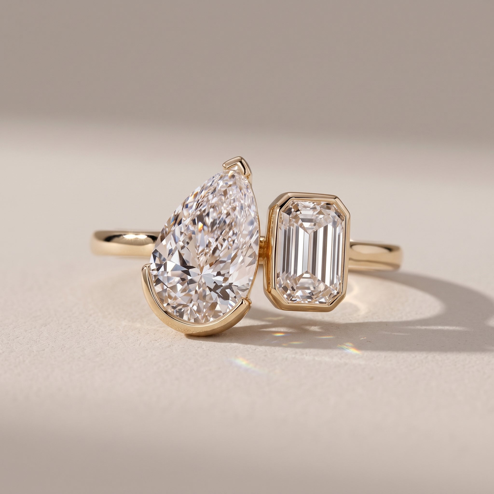 Yellow Gold Pear & Emerald Cut Moissanite Open Ring
