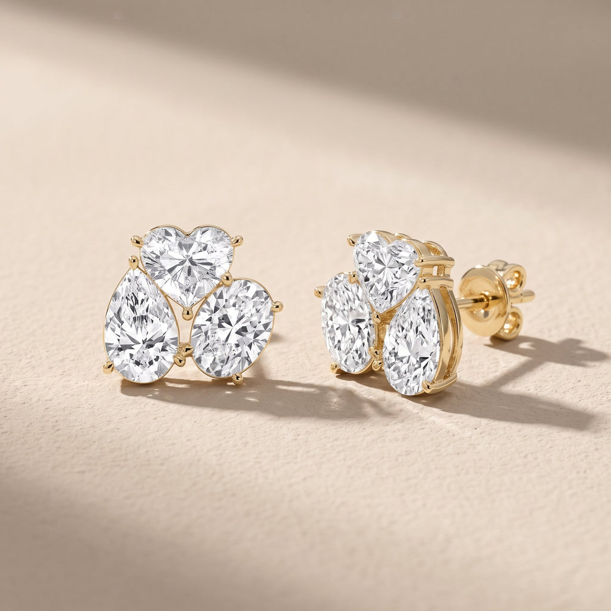 Yellow Gold Heart, Pear & Oval Moissanite Stud Earrings