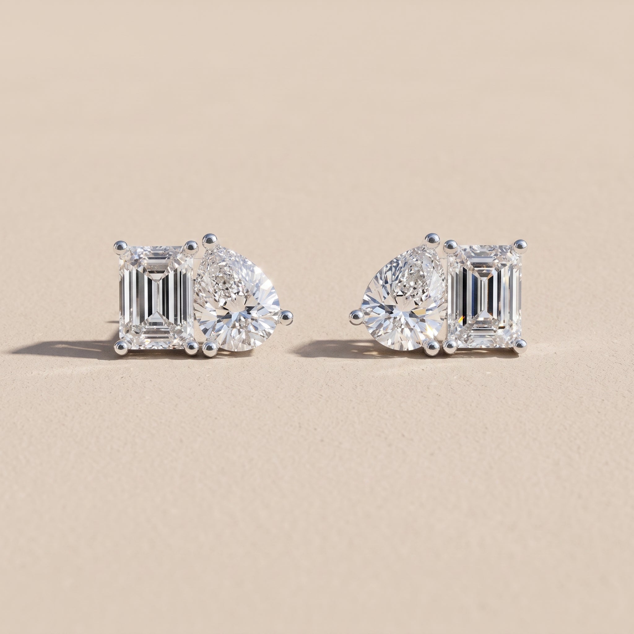 White Metal Emerald & Pear Cut Moissanite Stud Earrings