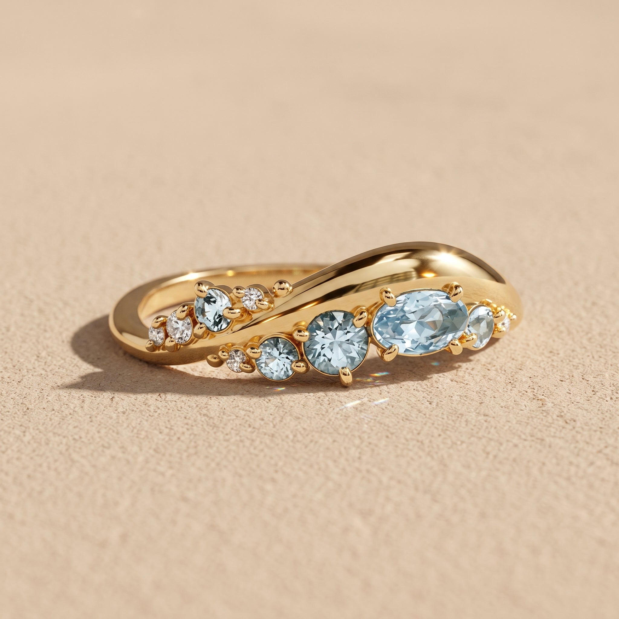 Yellow Gold Oval & Round Moissanite Curved Band Ring