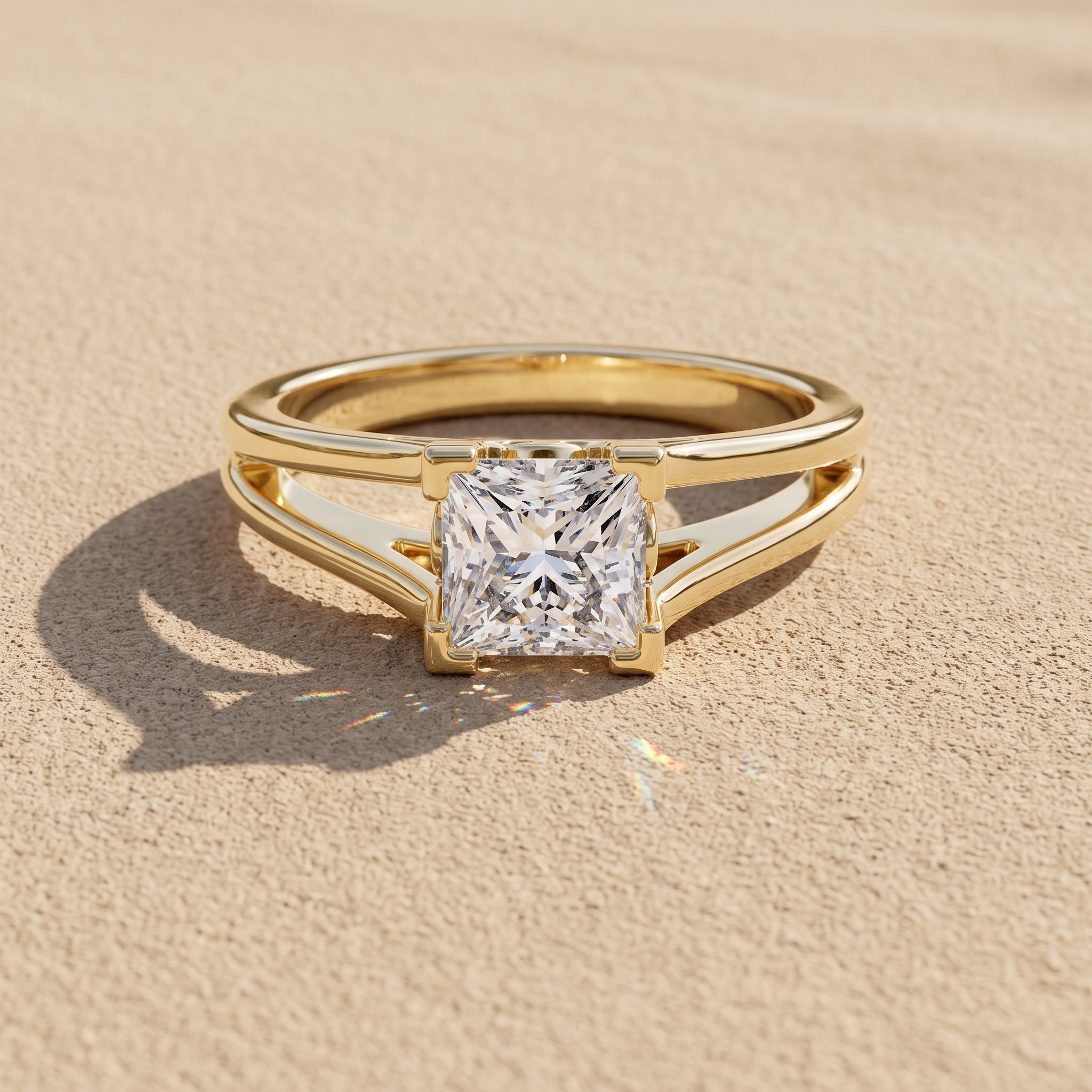 Yellow Gold Princess Cut Moissanite Split Shank Engagement Ring