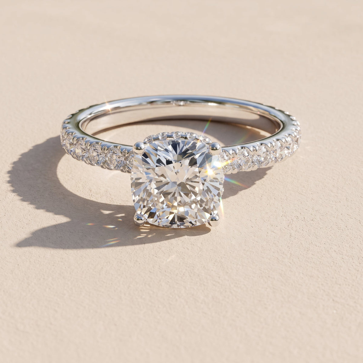 White Metal Cushion Cut Moissanite Engagement Ring