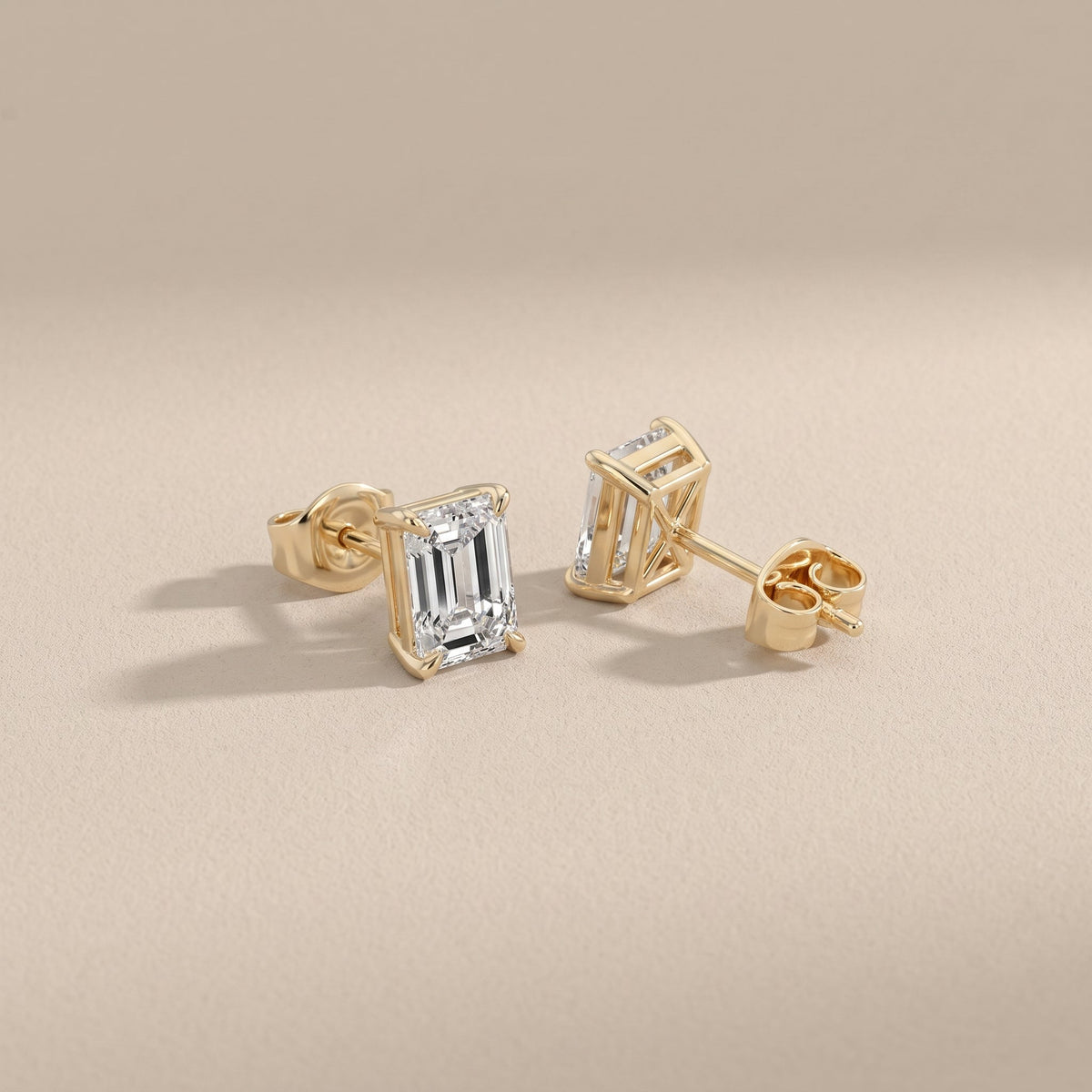 Yellow Gold Emerald Cut Moissanite Stud Earrings