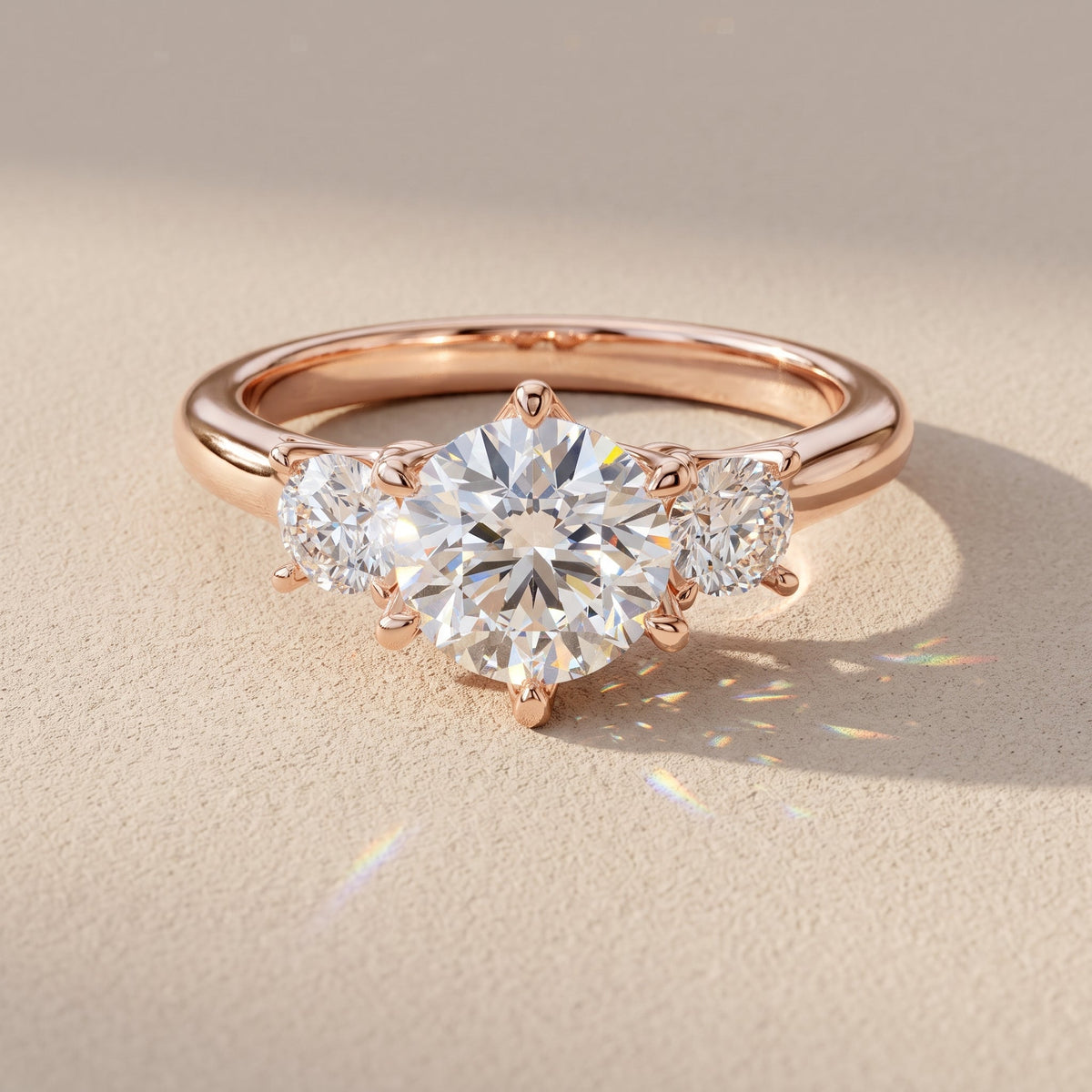 Rose Gold Round Moissanite Three Stone Engagement Ring
