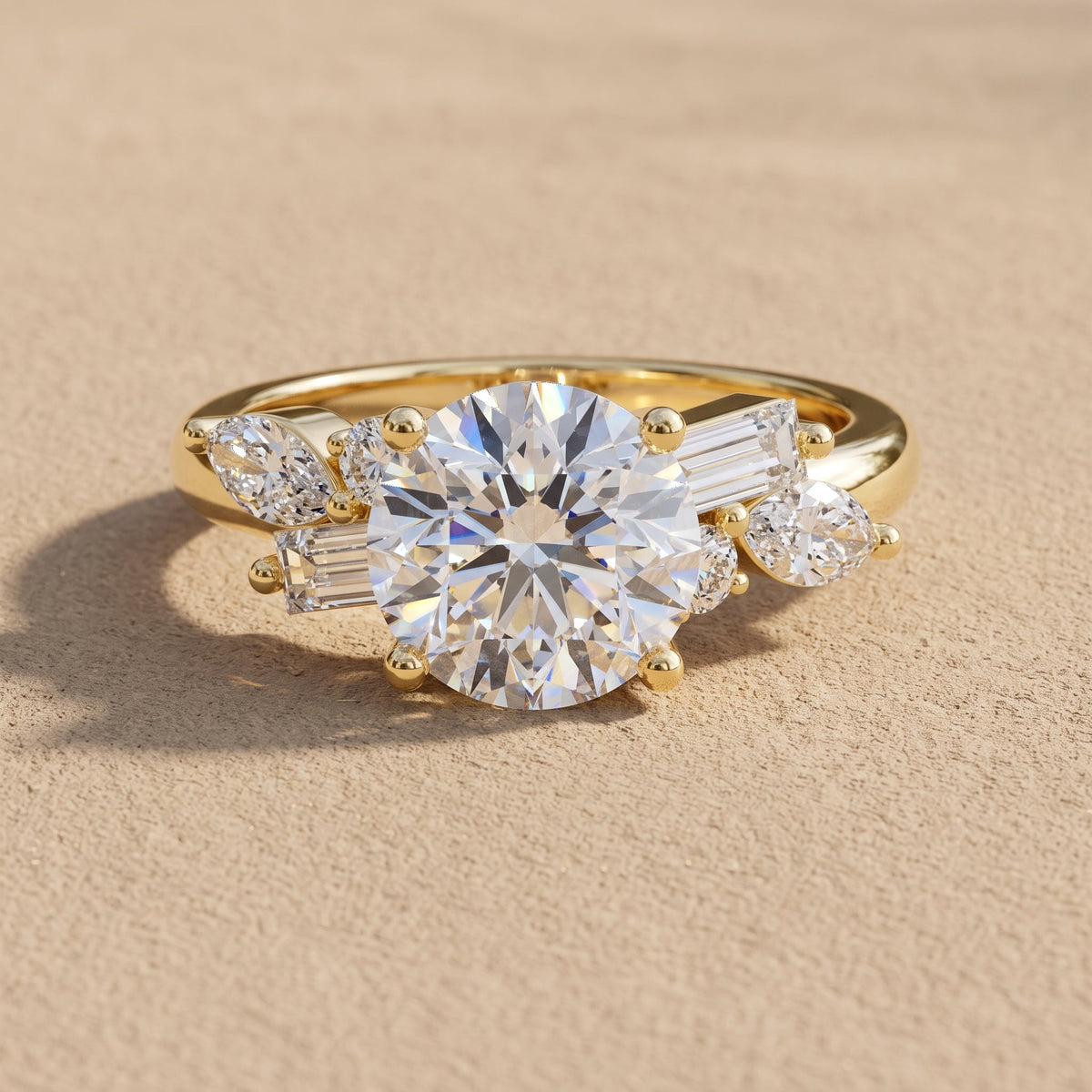 Yellow Gold Round Moissanite Engagement Ring with Mixed Side Stones