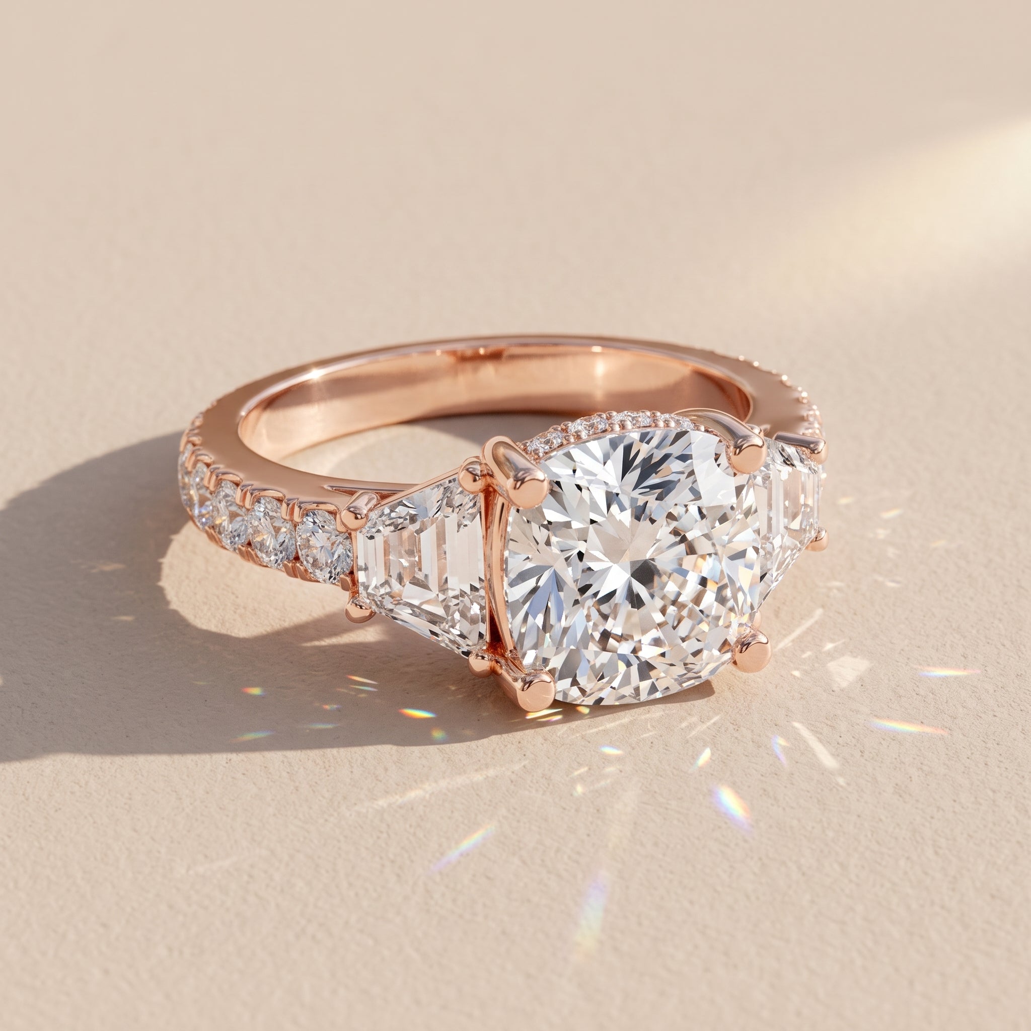 Rose Gold Cushion Moissanite Engagement Ring with Tapered Side Stones