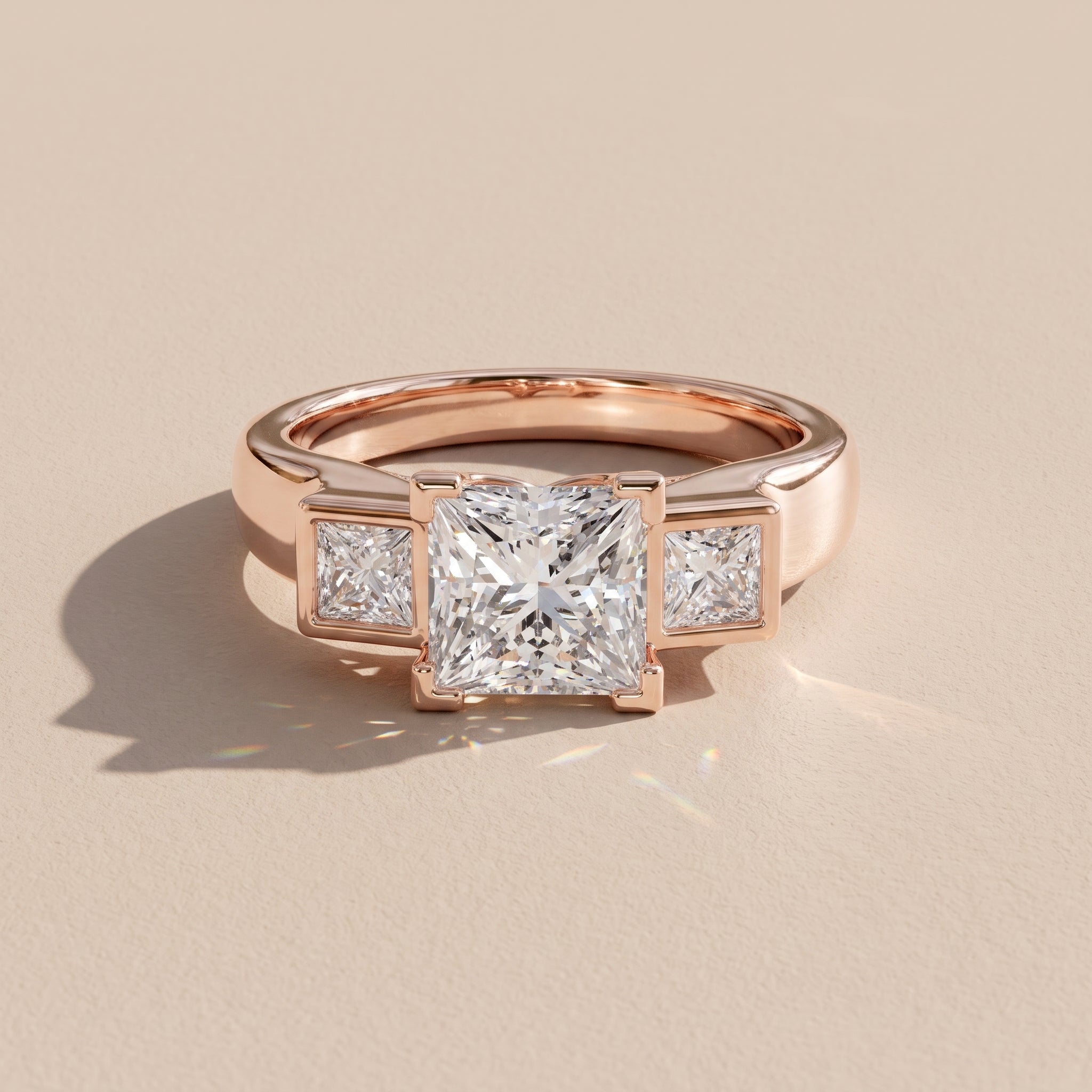 Rose Gold Princess Cut Moissanite Three-Stone Ring