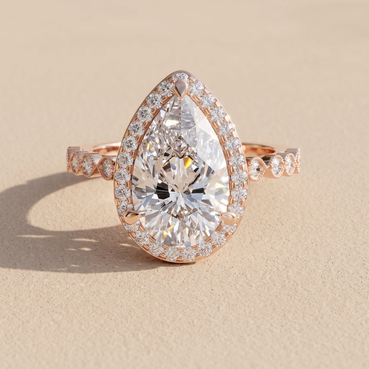 Rose Gold Pear Cut Moissanite Halo Engagement Ring