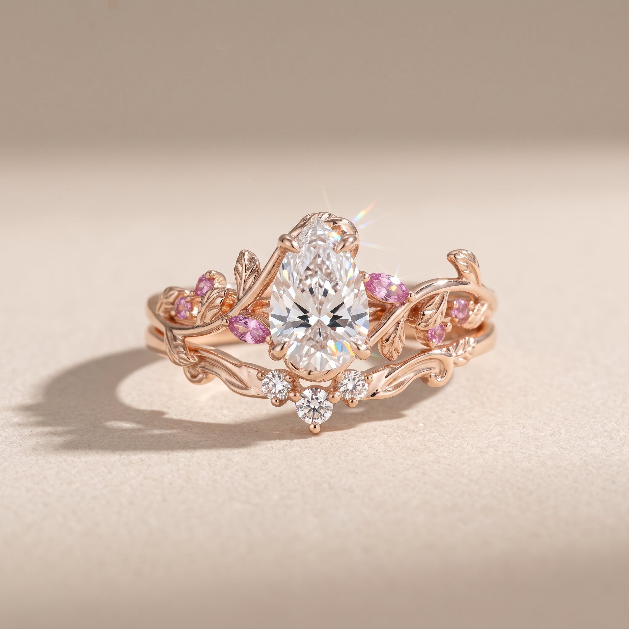Rose Gold Pear Cut Moissanite Nature-Inspired Engagement Ring