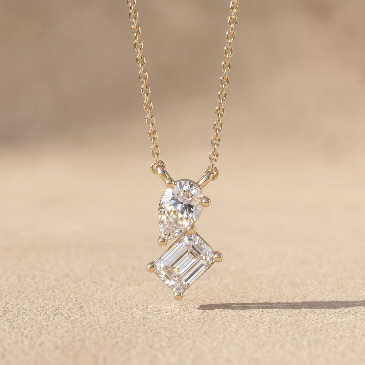 Yellow Gold Pear & Emerald Cut Moissanite Pendant Necklace