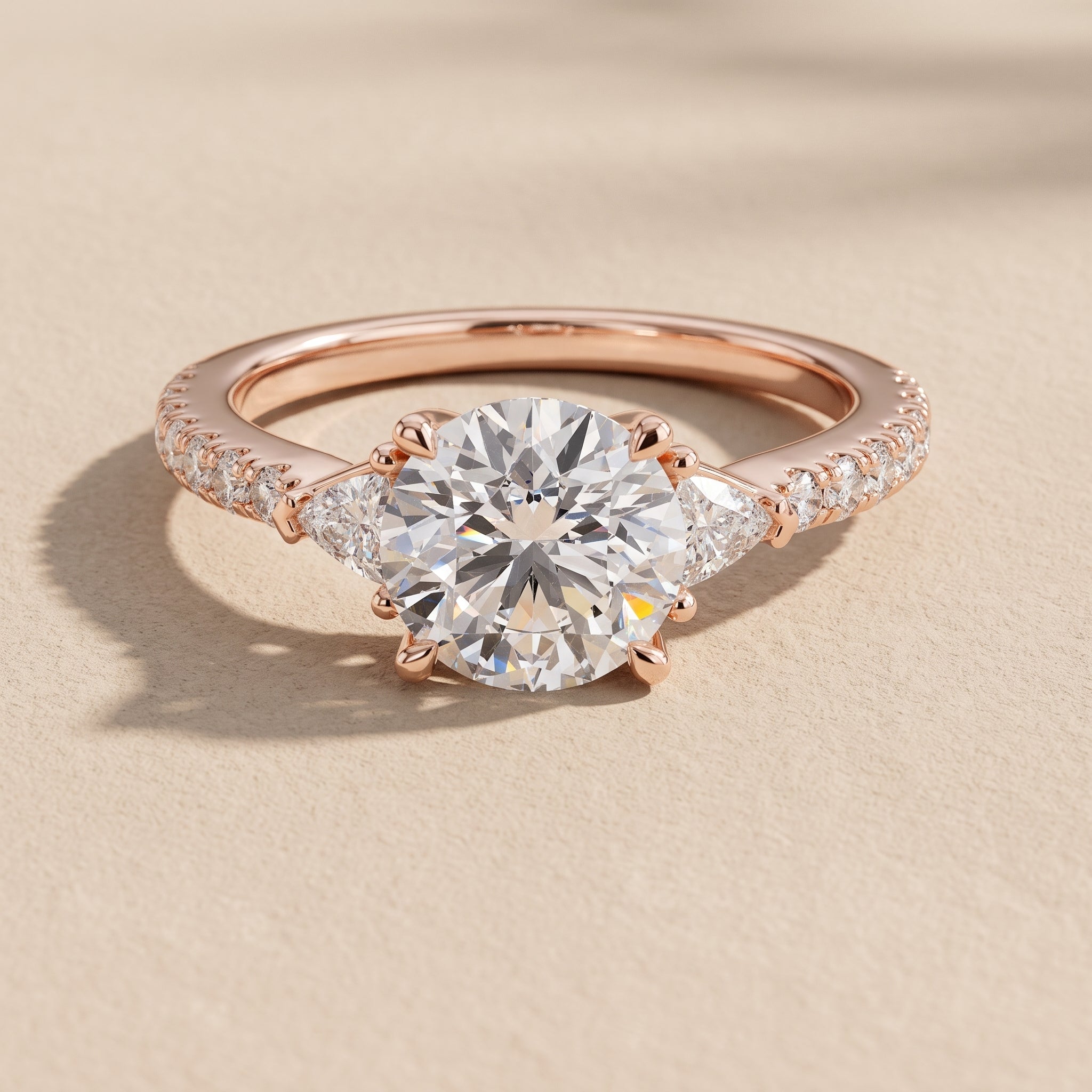 Rose Gold Round Moissanite Three Stone Engagement Ring
