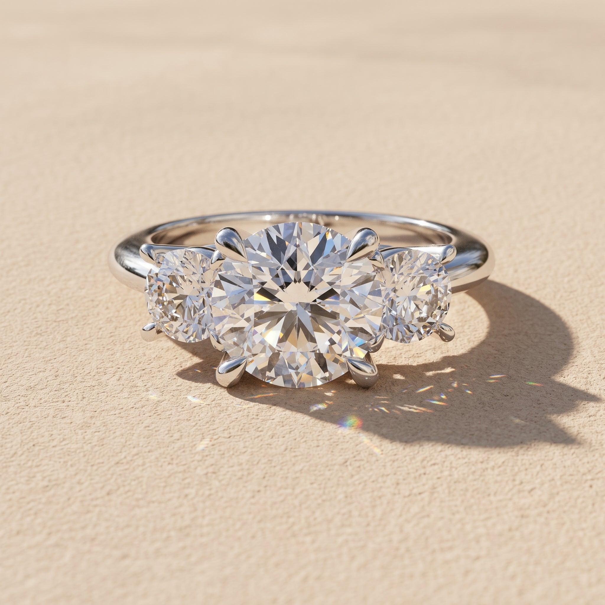 White Metal Round Moissanite Three Stone Engagement Ring