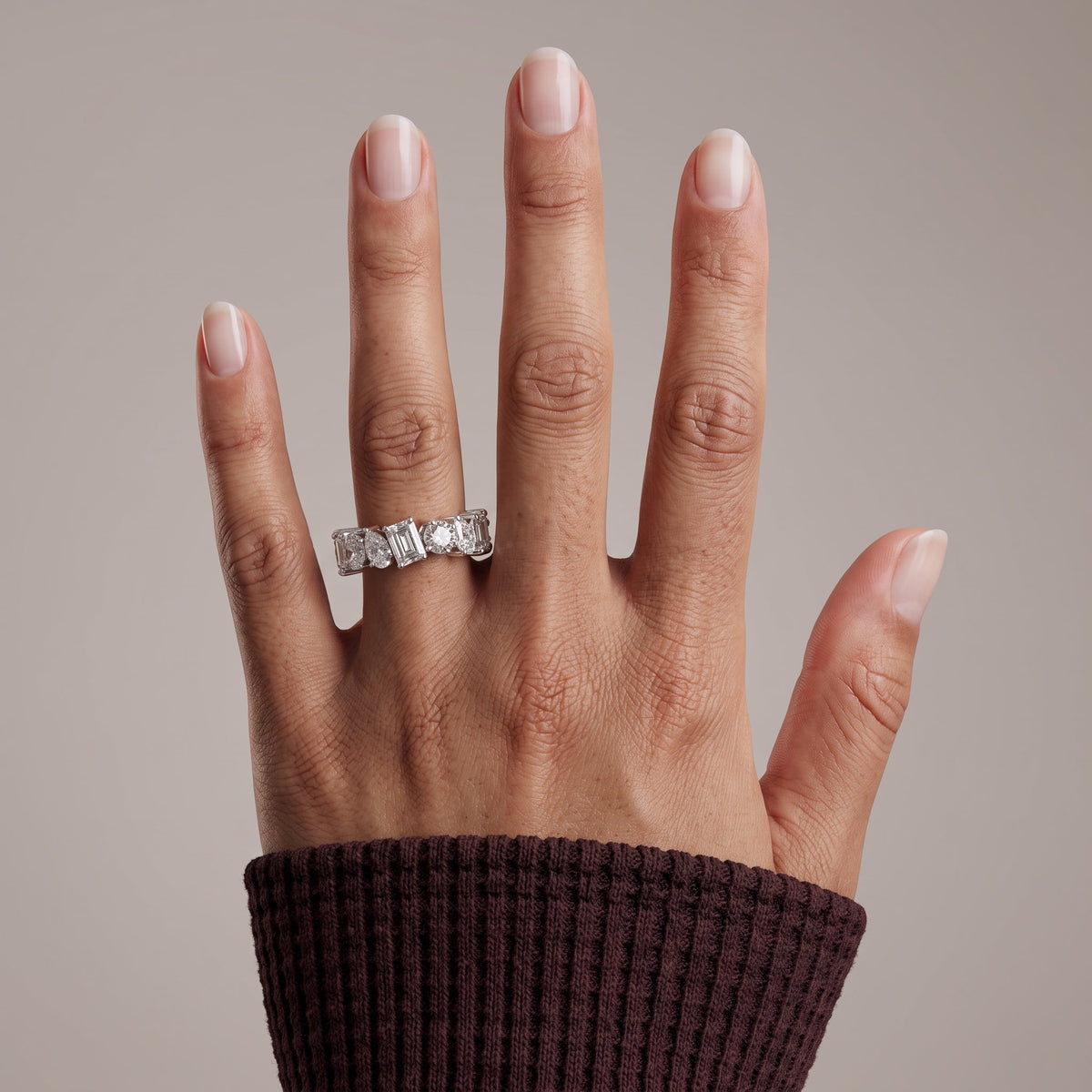 White Metal Alternating Emerald, Pear & Round Moissanite Eternity Band Ring