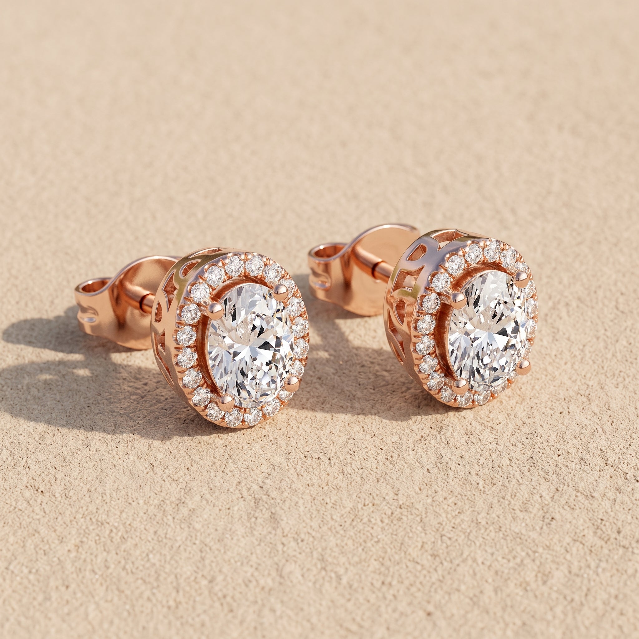 Rose Gold Oval Moissanite Halo Stud Earrings
