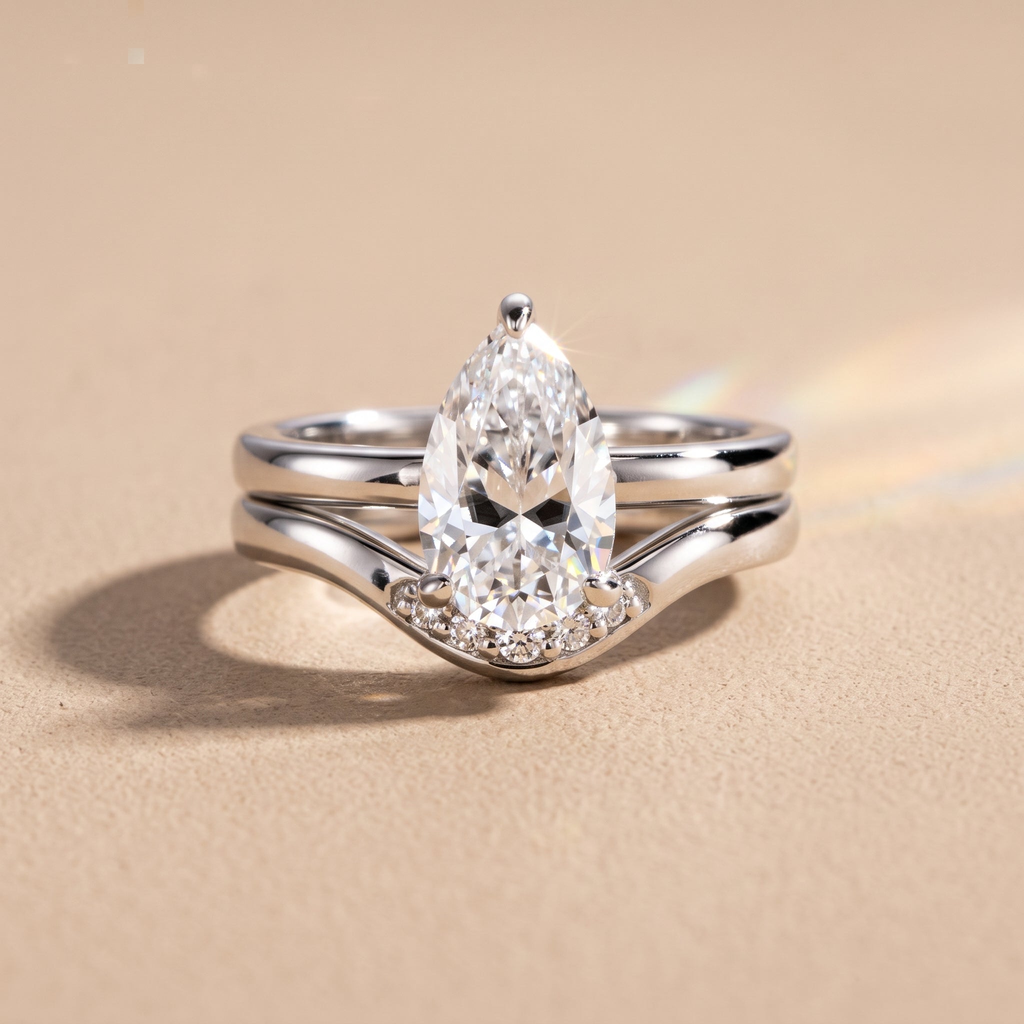 White Metal Pear Cut Moissanite Engagement Ring Set