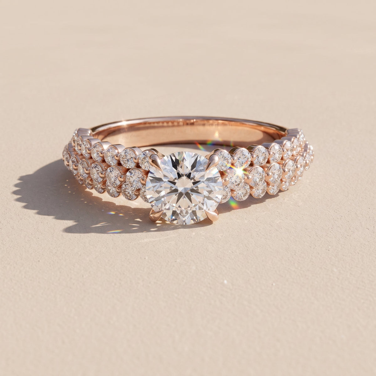 Rose Gold Round Moissanite Engagement Ring with Pavé Band