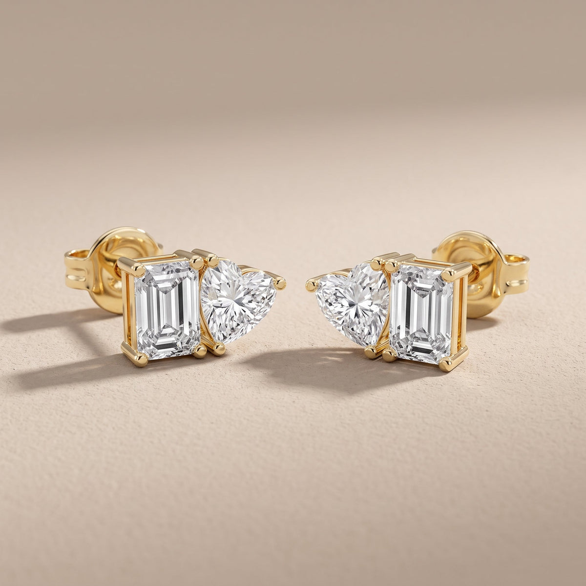 Yellow Gold Emerald Cut & Heart Moissanite Stud Earrings