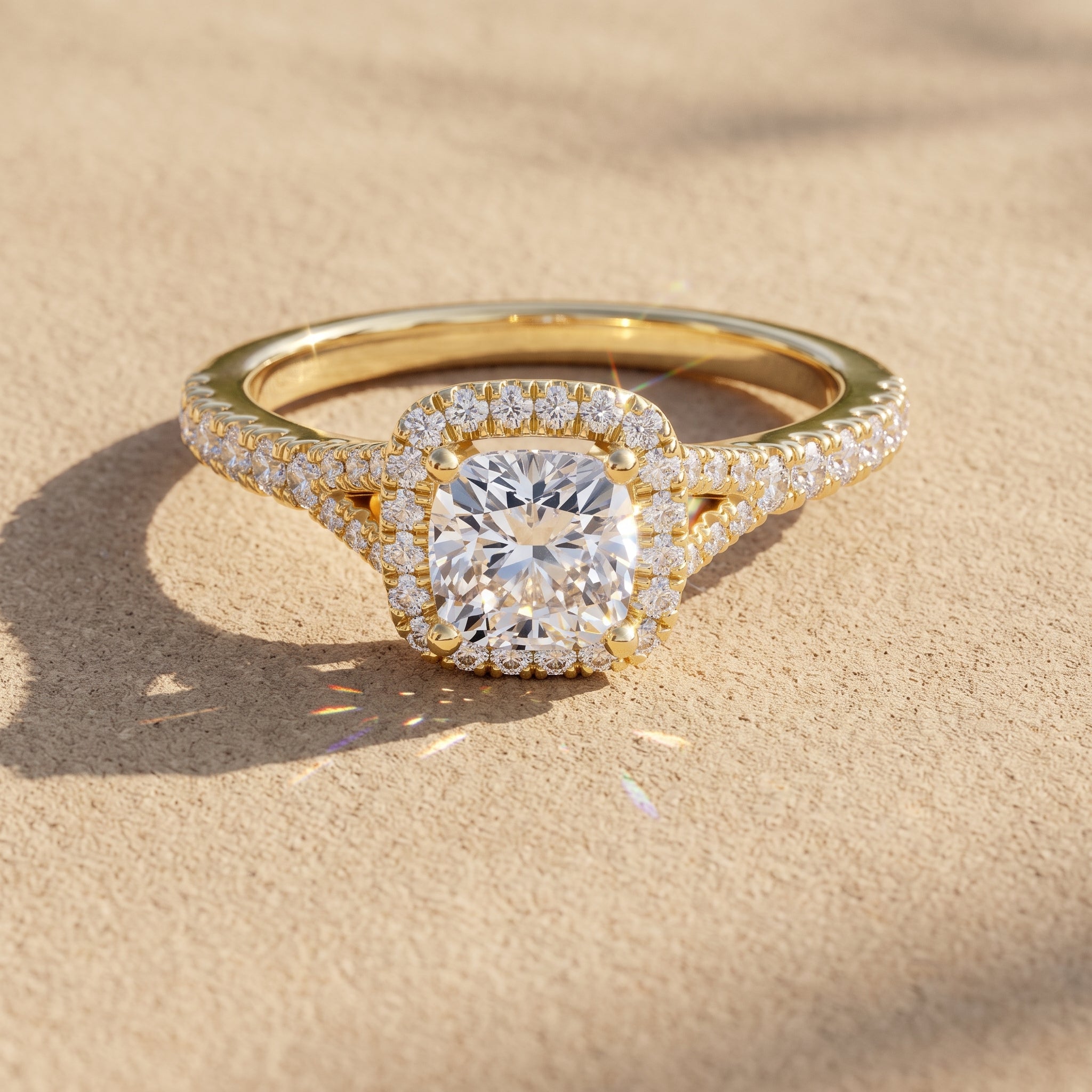 Yellow Gold Cushion Cut Moissanite Halo Engagement Ring