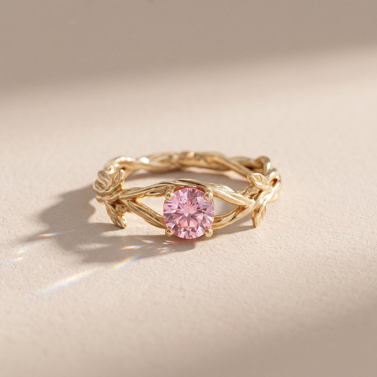 Yellow Gold Round Cut Moissanite Leaf Vine Ring