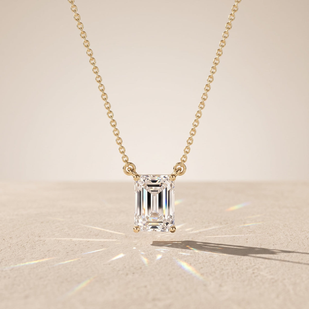 Yellow Gold Emerald Cut Moissanite Solitaire Pendant Necklace