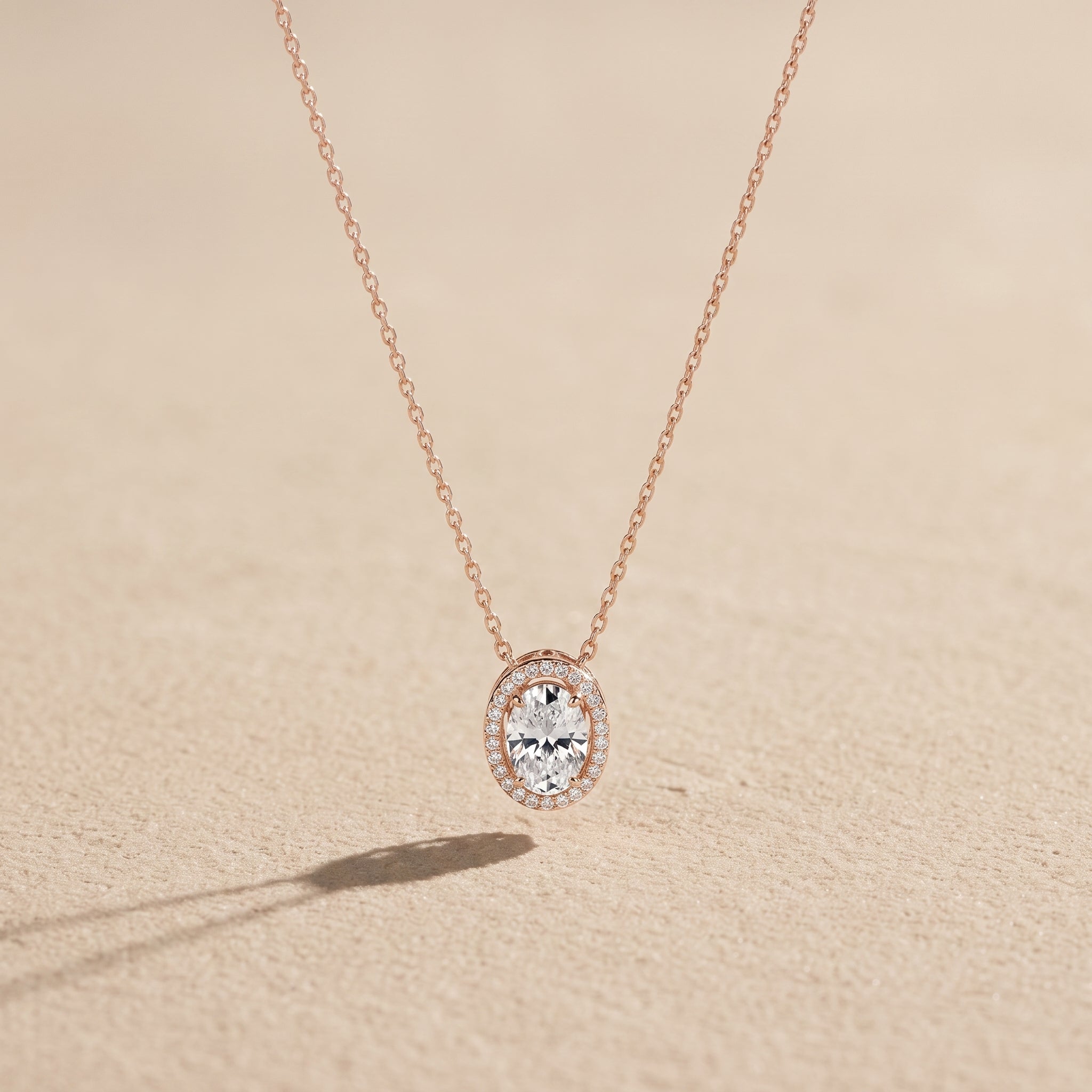 Rose Gold Oval Moissanite Halo Pendant Necklace