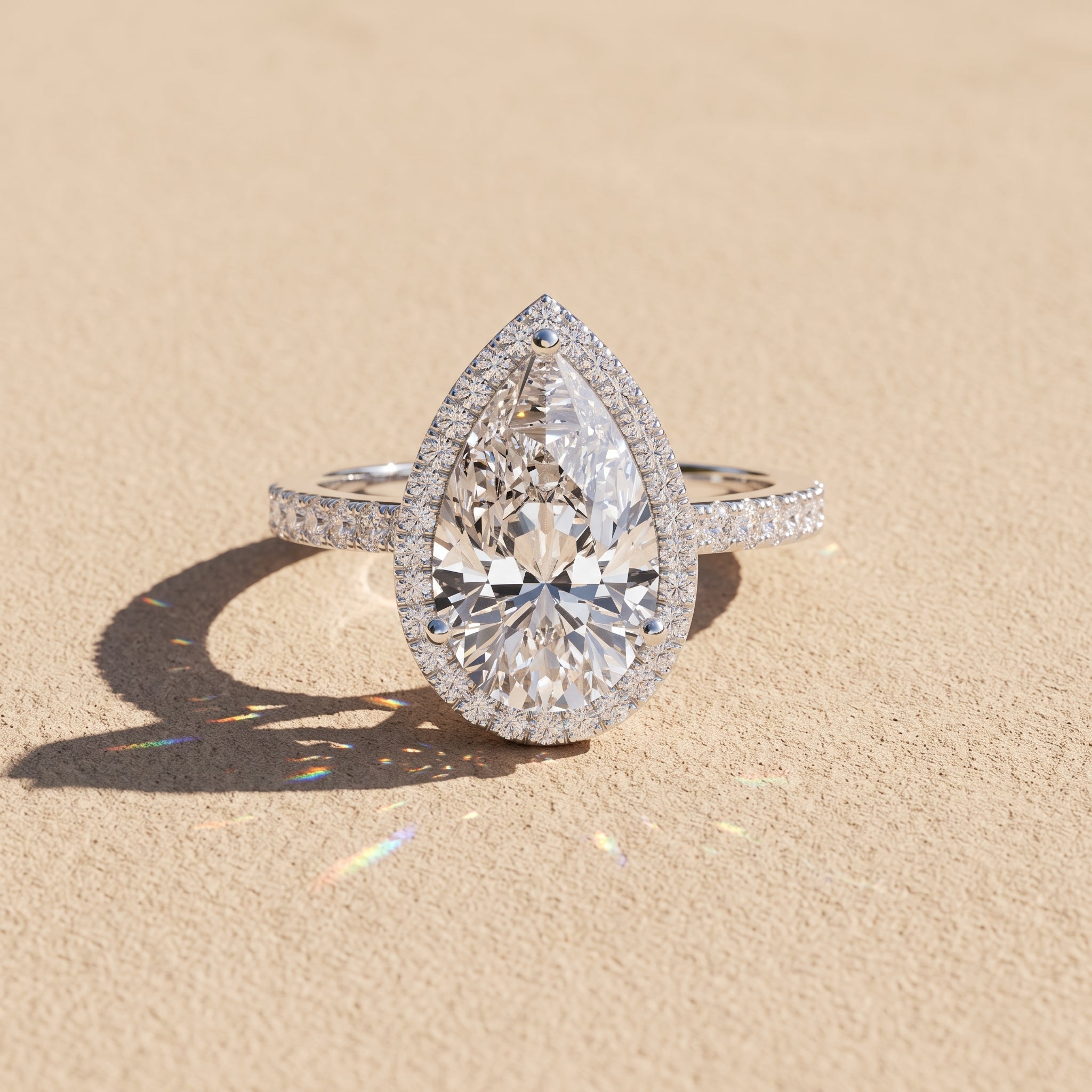 White Gold Tone Pear Moissanite Halo Engagement Ring