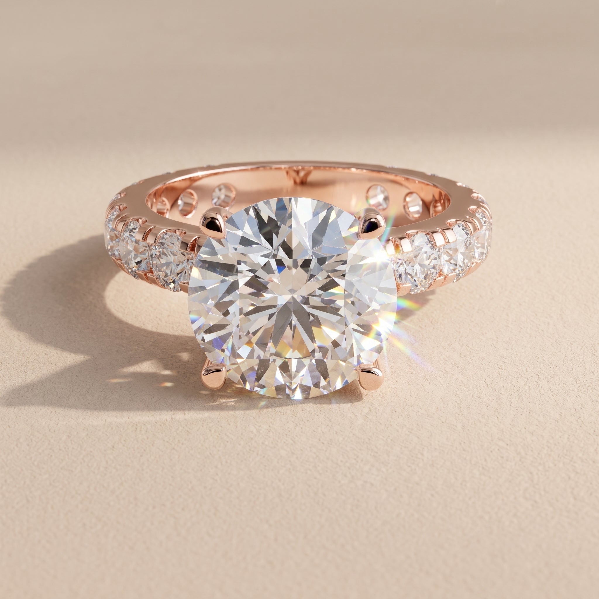 Rose Gold Round Cut Moissanite Engagement Ring with Side Stones