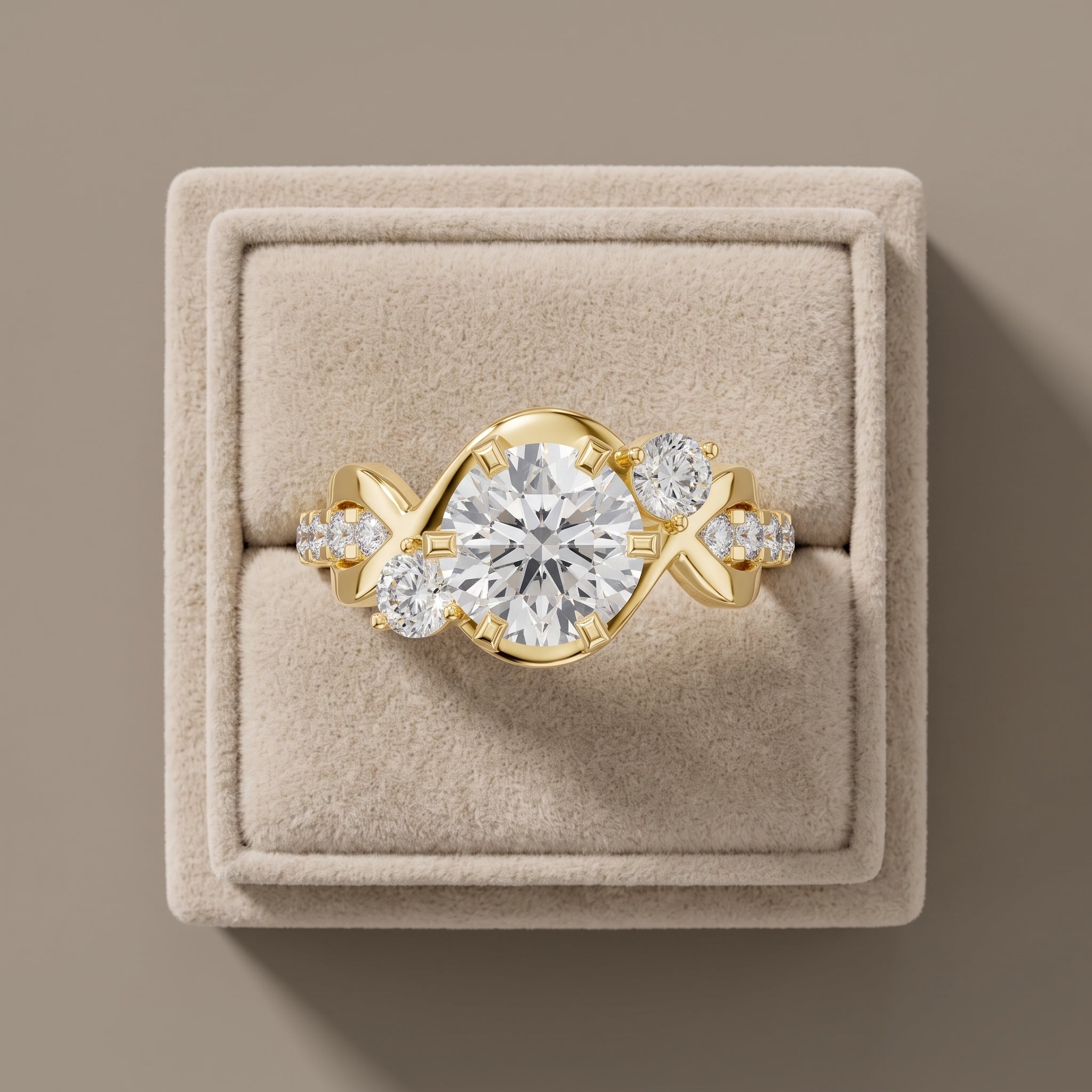 Yellow Gold Round Moissanite Twisted Three Stone Engagement Ring