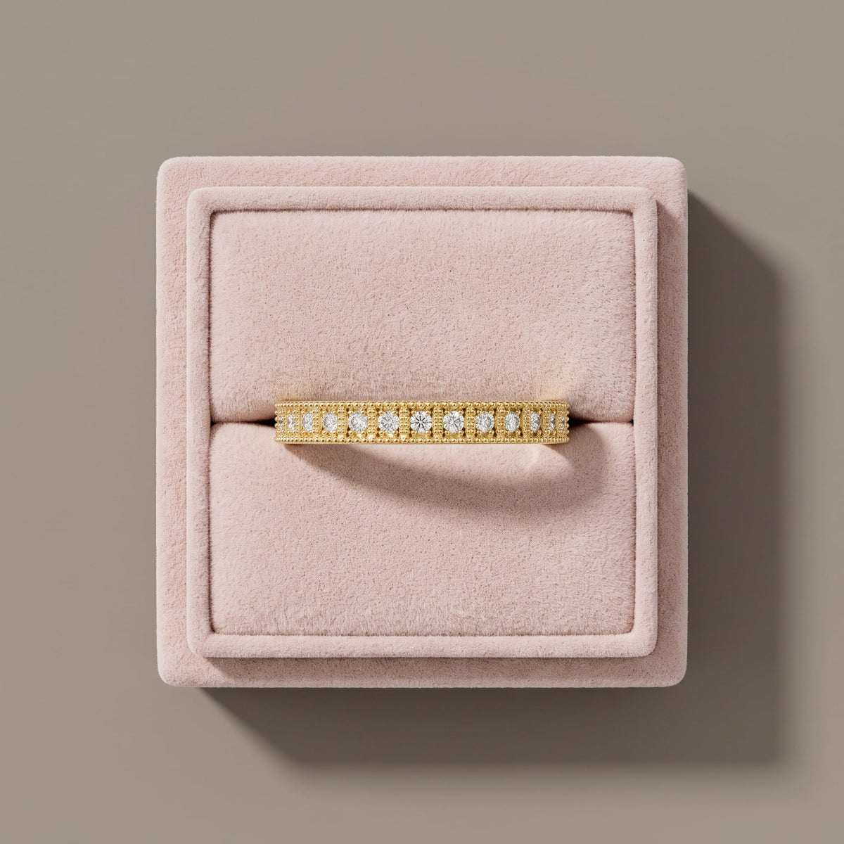 Yellow Gold Round Moissanite Milgrain Band Ring