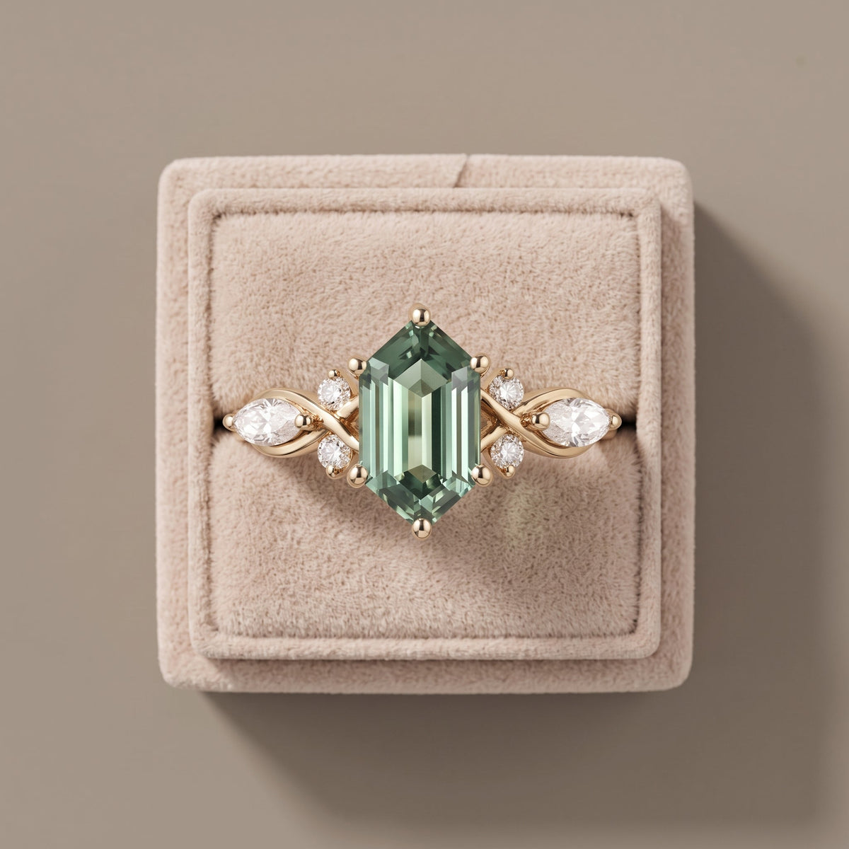 Yellow Gold Emerald Cut Moissanite Twisted Leaf Ring
