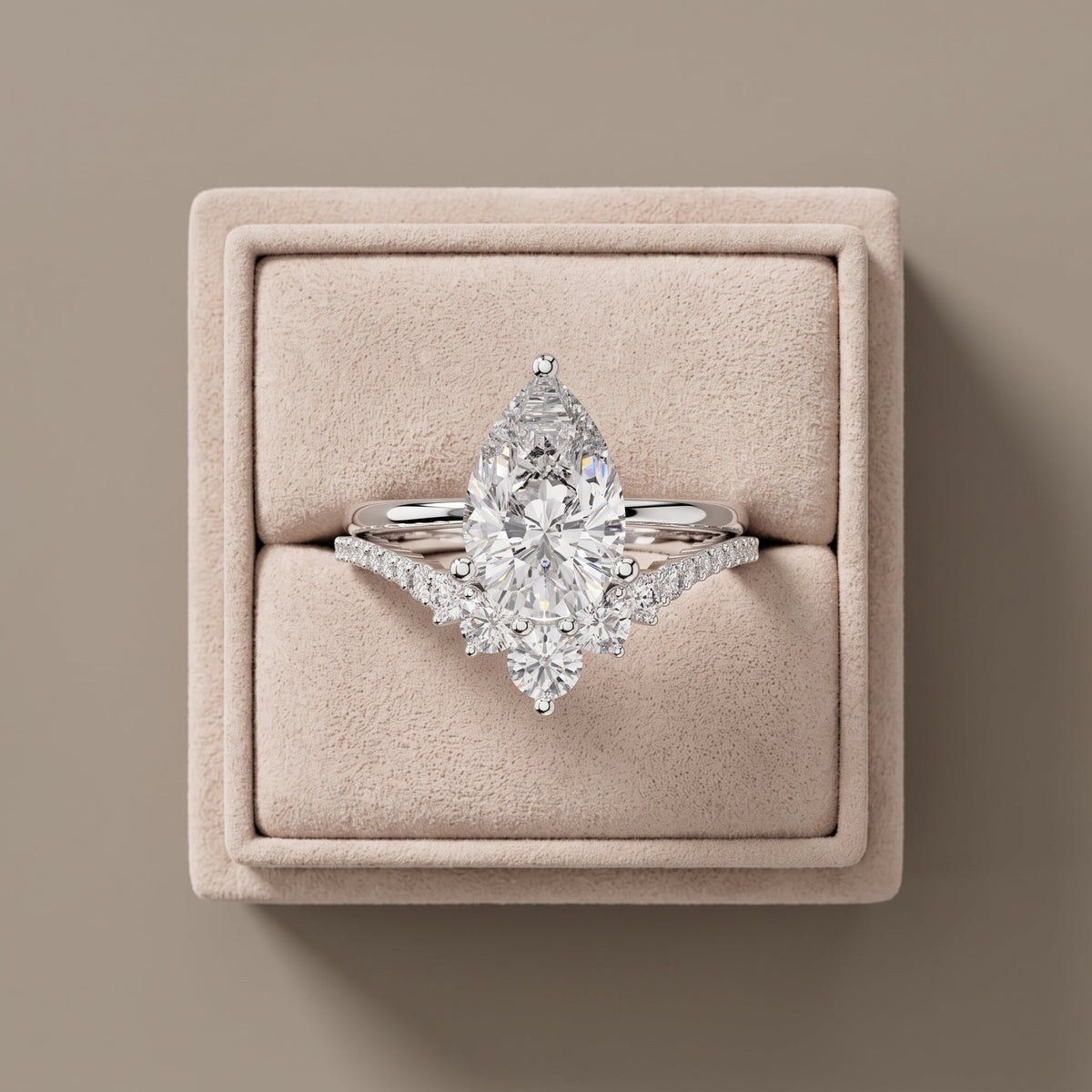 White Pear Cut Moissanite Engagement Ring with Accent Stones